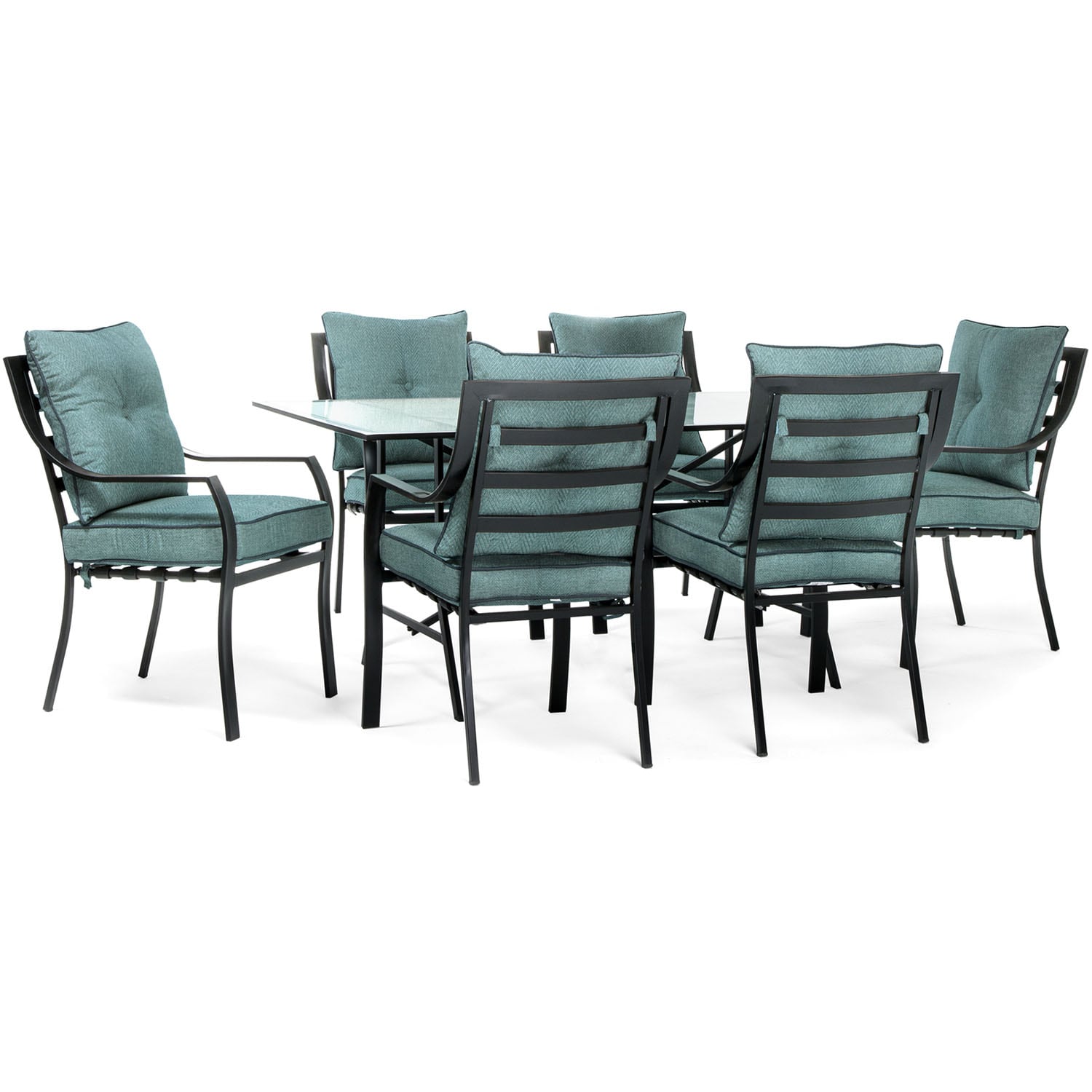 Lavallette 7-Piece Black Steel Outdoor Dining Set with Blue Cushions