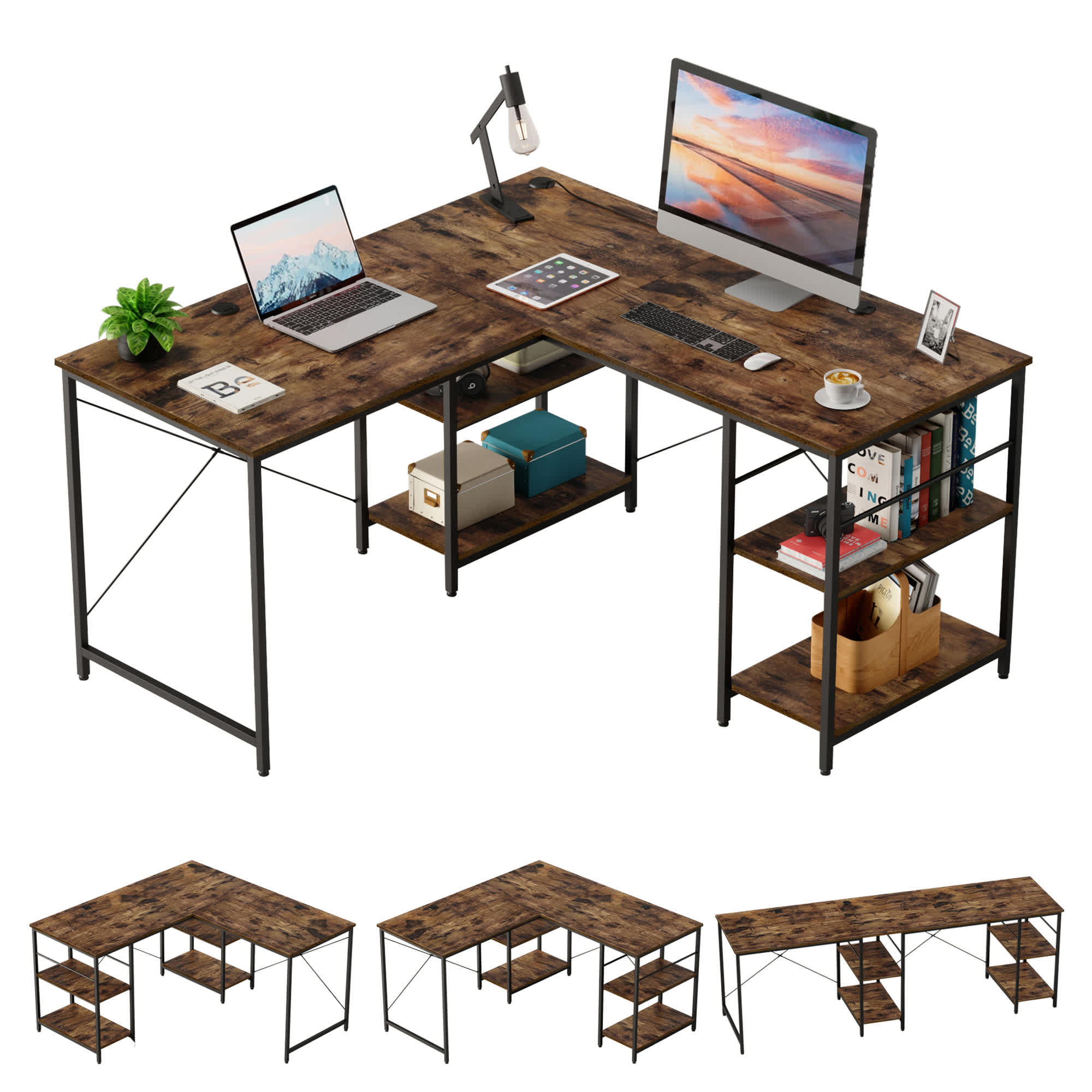 Bestier LOW-D464Y-RST 55.12-in W 4-Shelf Brown Computer Desk