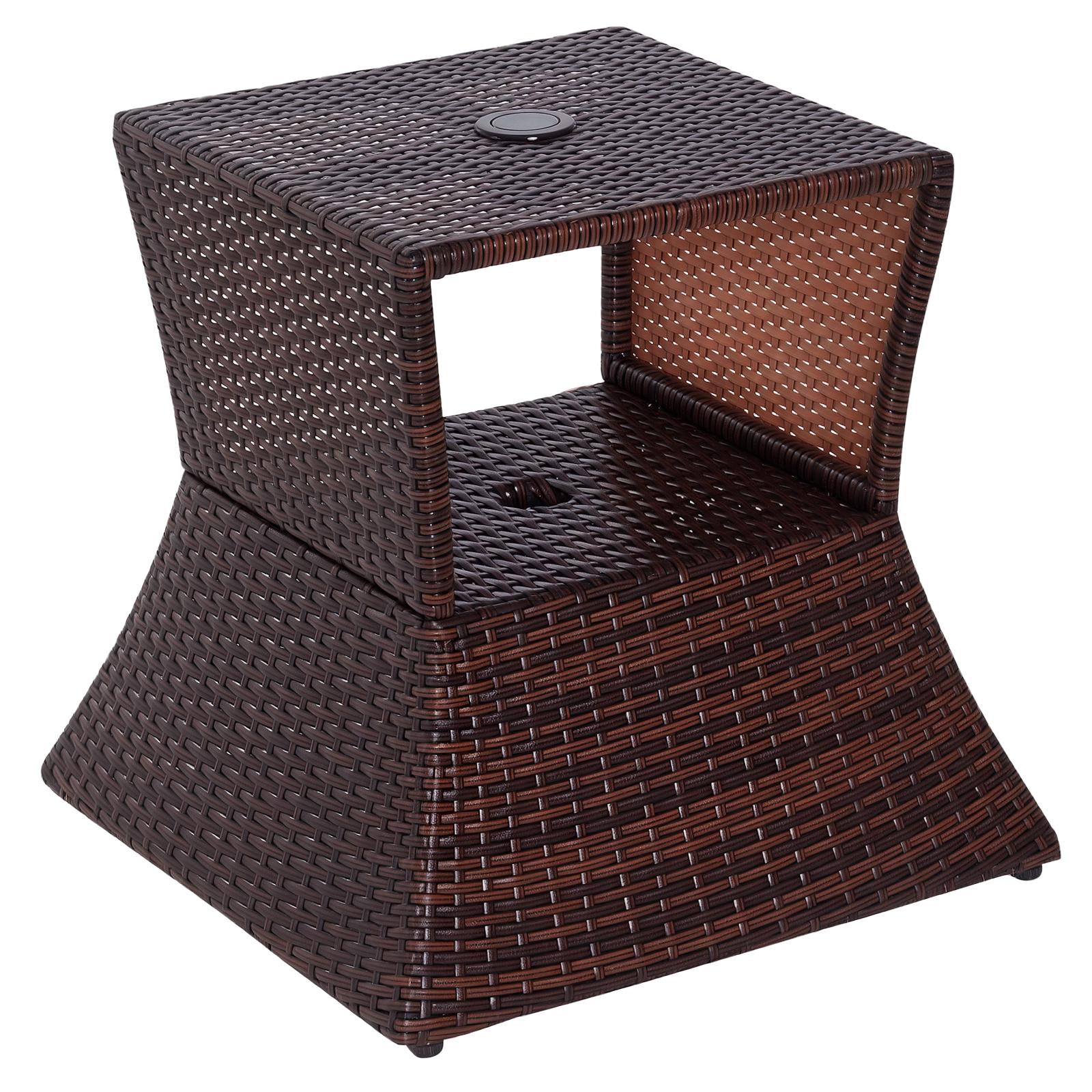 Bayfeve Dark Brown Square PE Wicker Patio Side Table With Umbrella Hole and Storage Shelf