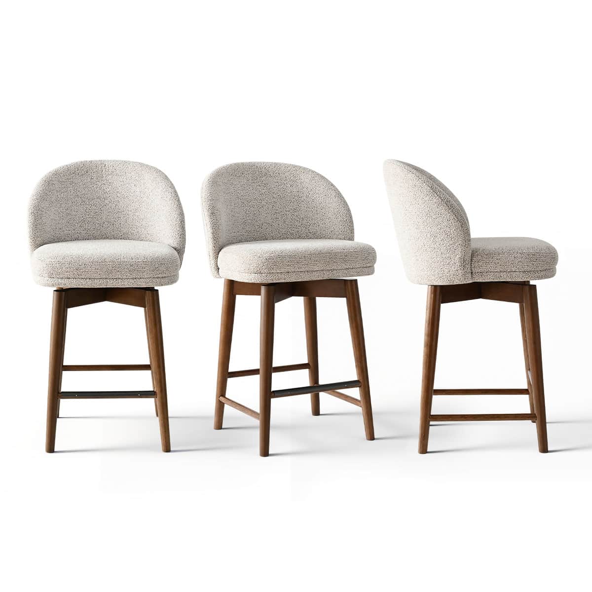 Maison Boucle Set of 3 Cream Counter-Height Swivel Bar Stools Swivel Upholstered Seat Wood Legs