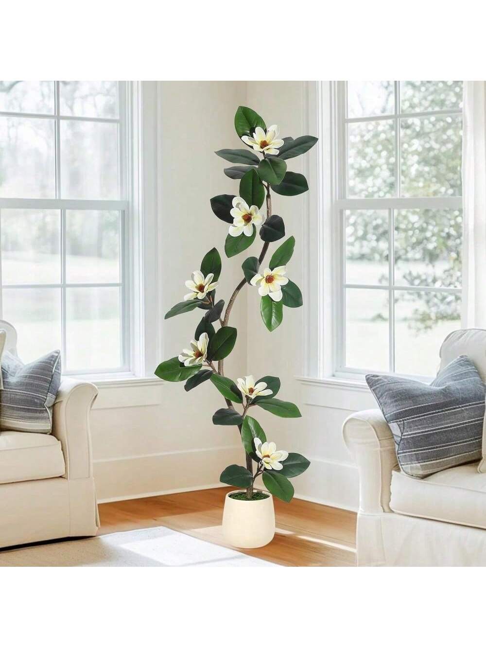 Qeetex PHK-33F89LSU-HF4 5ft Rubber TreeArtificial Tree In White Planter Pot.Faux Plants Indoor Faux Floor Plant Artificial Plants with 8 Pcs Magnolia Flowers for Home Decor