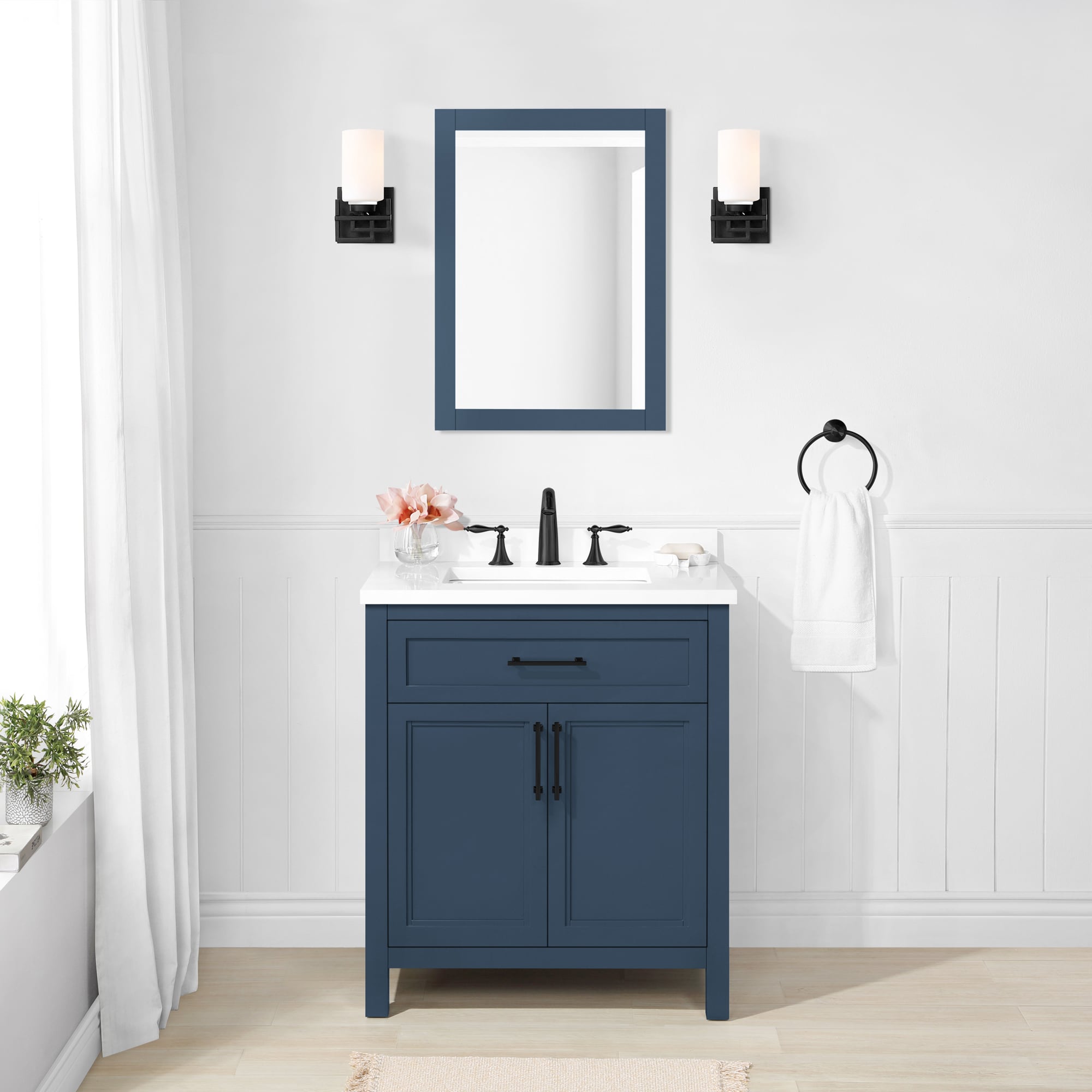 allen + roth Brookview 30-in Slate Blue Undermount Single Sink Bathroom  Vanity with Carrara Engineered Marble Top at