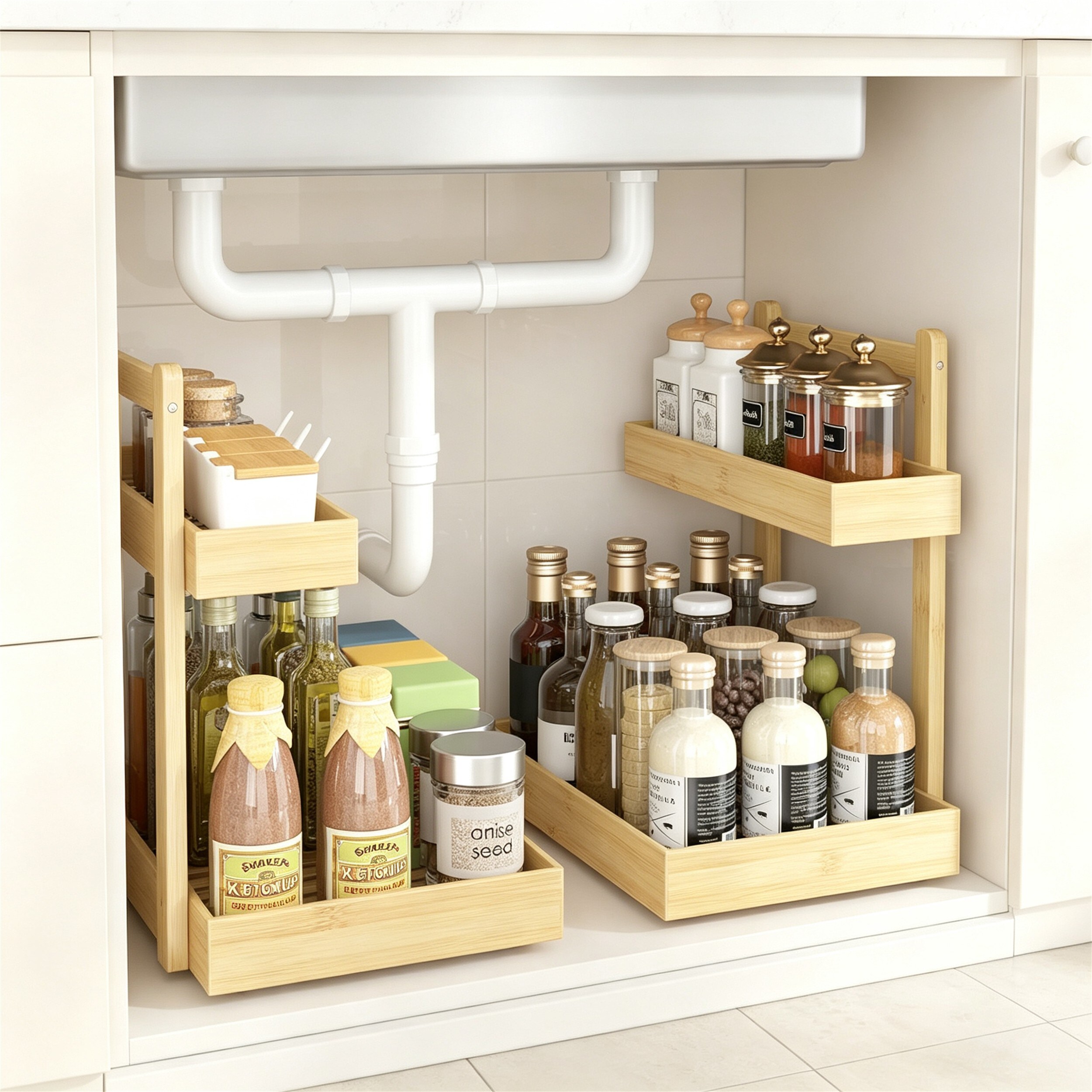 MOEPISY 2 Pack Natural Color 2 Tier Vertical Pull Out Under Sink ...
