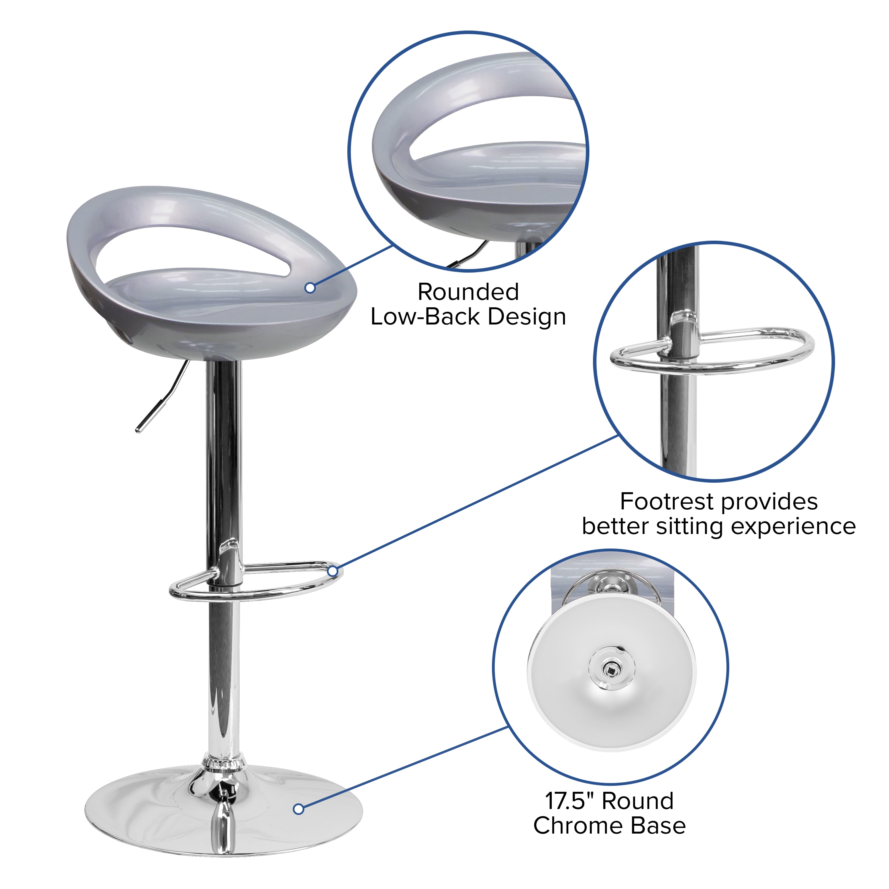 Sleek Silver Swivel Adjustable Height Backless Barstool