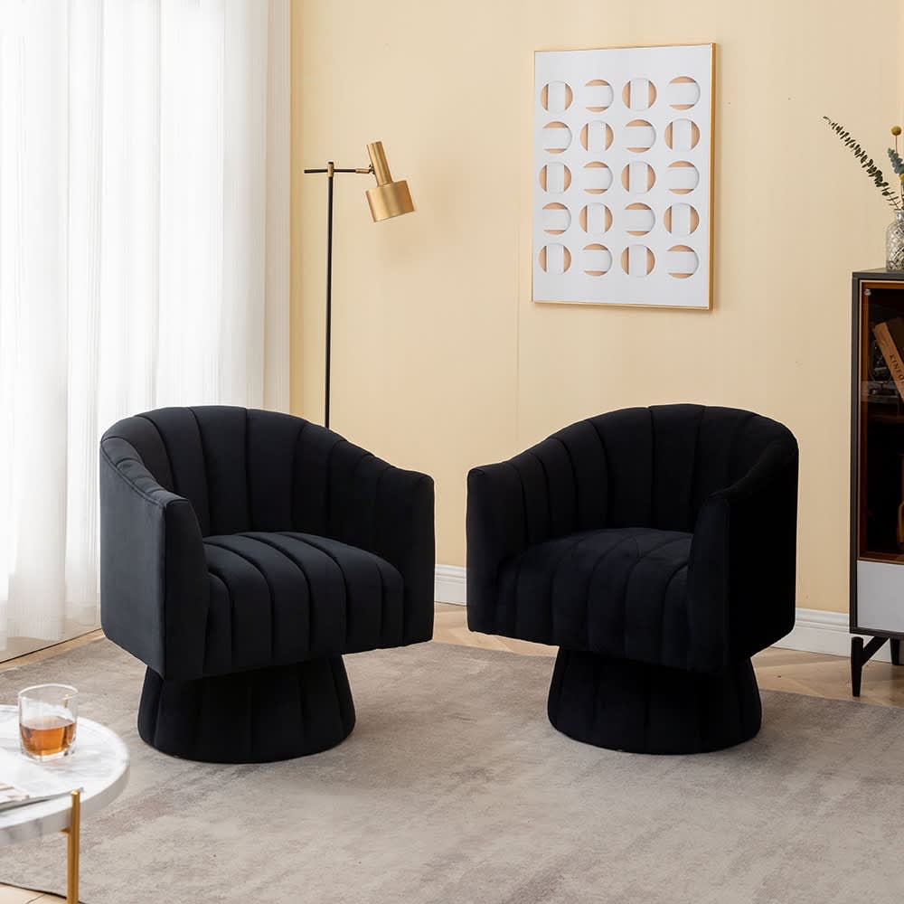 SEYNAR XY570-BLACK-S2 Modern Glam Velvet Upholstered Round 360 Degree Swivel Accent Barrel Chair Set of 2