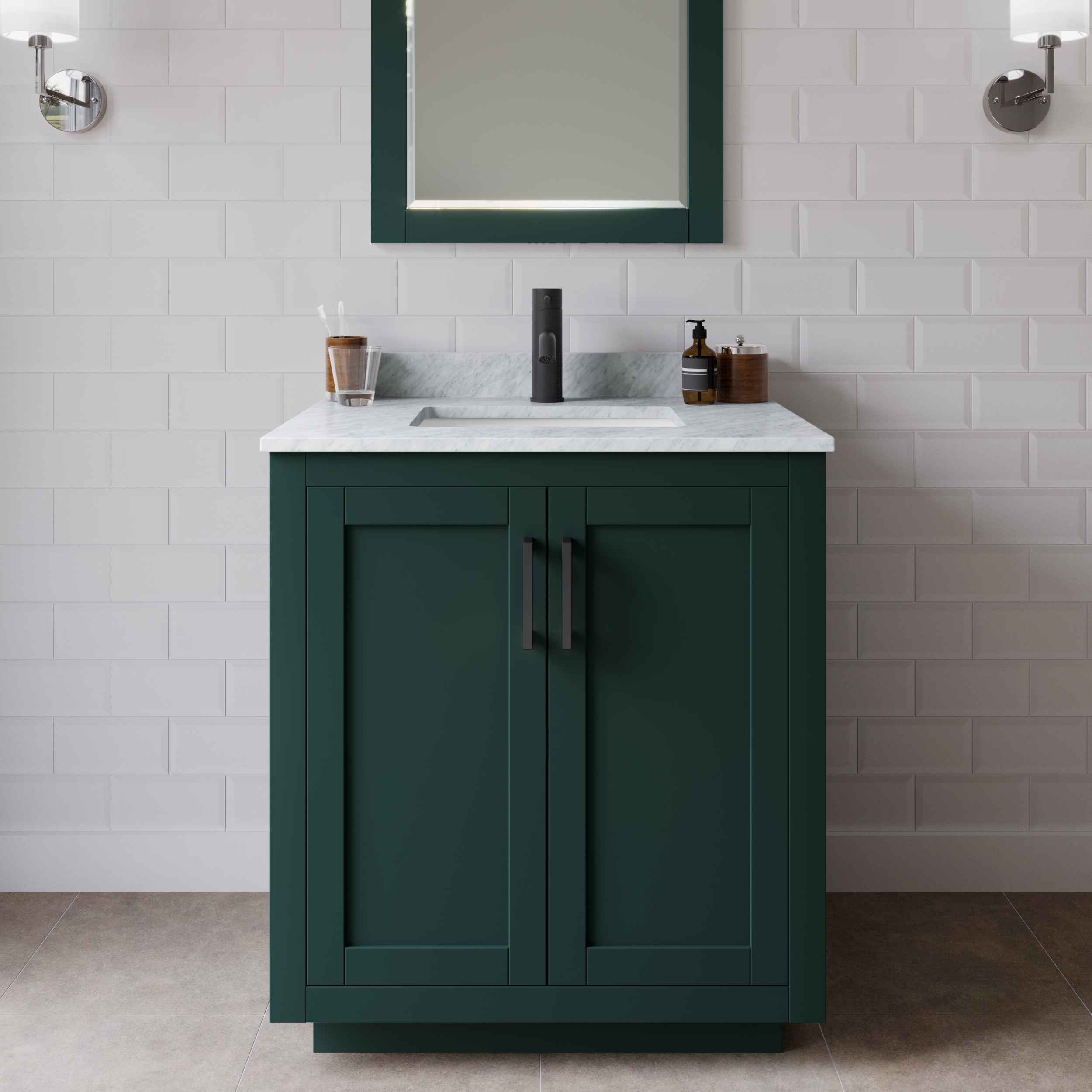 Wyndham Collection WCF292930SGKCMUNSM24 Miranda 30-in Green with Matte Black Trim Undermount Single sink Bathroom Vanity with White Carrara Marble Marble Top (Mirror Included)