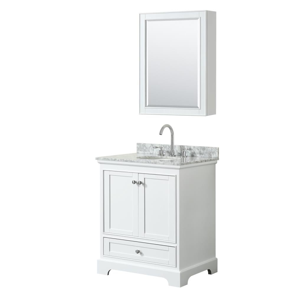 Wyndham Collection WCS202030SWHCMUNOMED Deborah 30-in White with Polished Chrome Trim Undermount Single sink Bathroom Vanity with White Carrara Marble Natural marble Top (Mirror Included)
