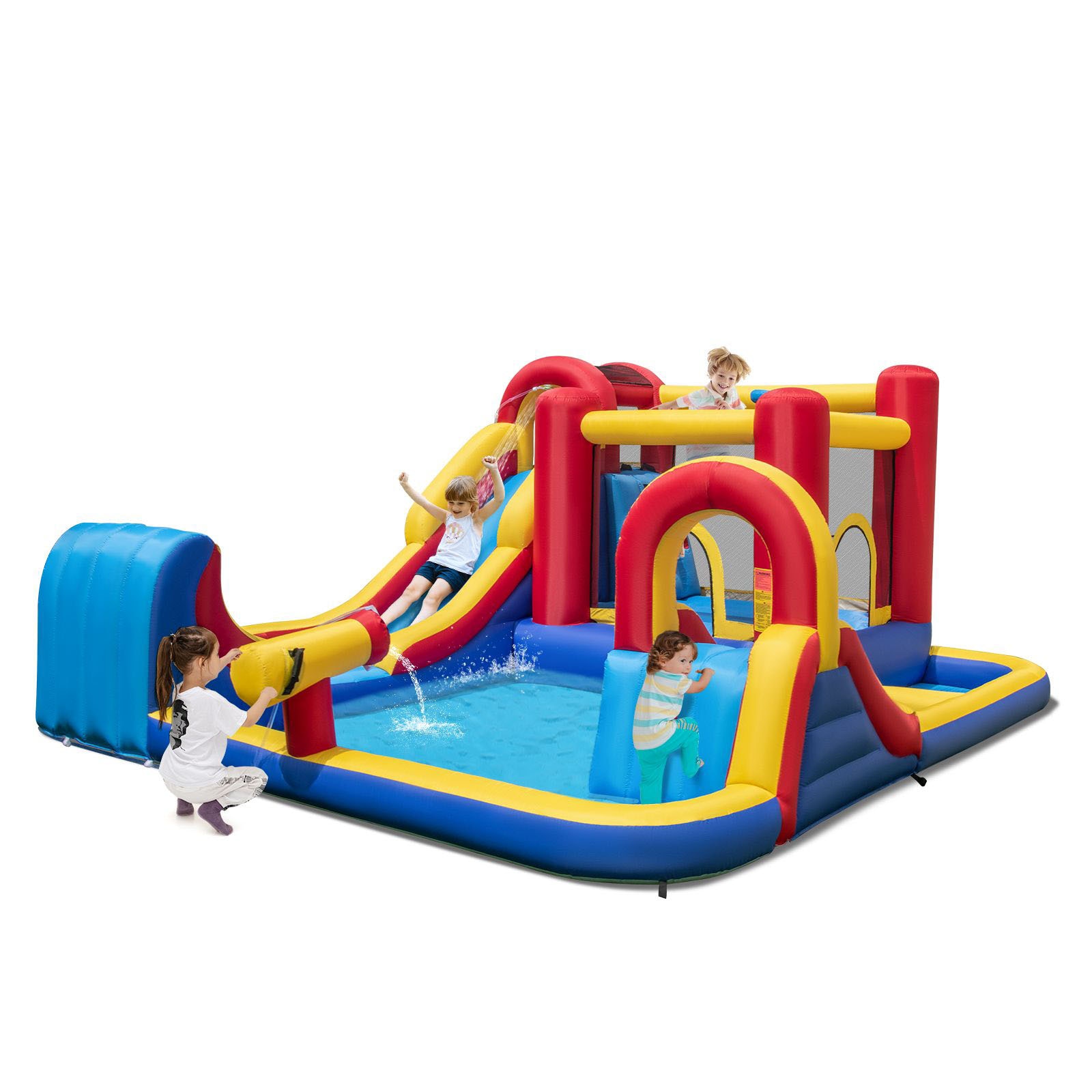 Slickblue D-CO-428 Giant Kids Inflatable Water Slide and Bounce House with Dual Splash Pools Surfing Slide Basketball Hoop and Climbing Wall for Outdoor Backyard Fun and Summer Water Play