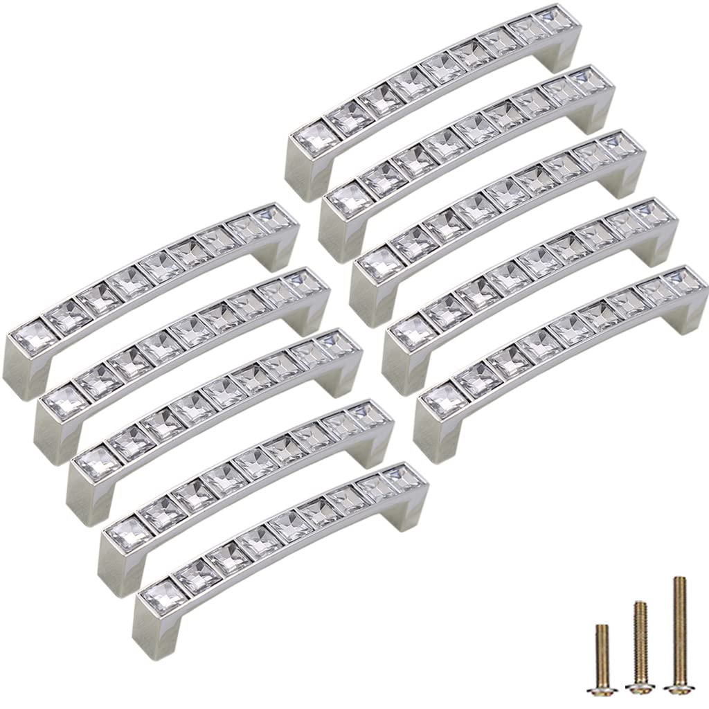 SenQWFa 10 Pack U Shape Crystal Glass Rhinestone Cabinet Pulls Handles for Dresser Drawer Cupboard Wardrobe with Three Screw Lengths and Washers #LDC0821C258