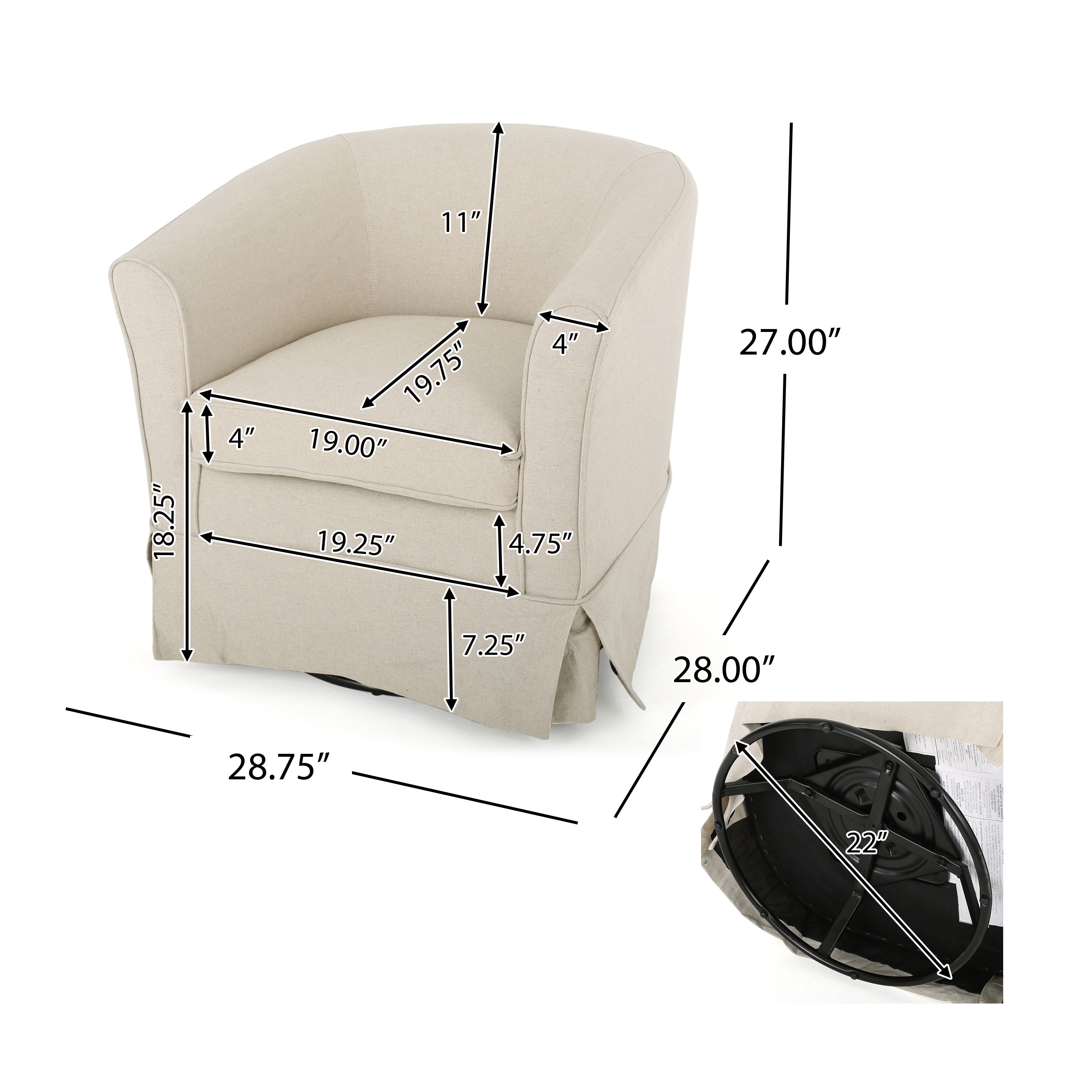 Natural Fabric Barrel Swivel Club Chair with Metal Base