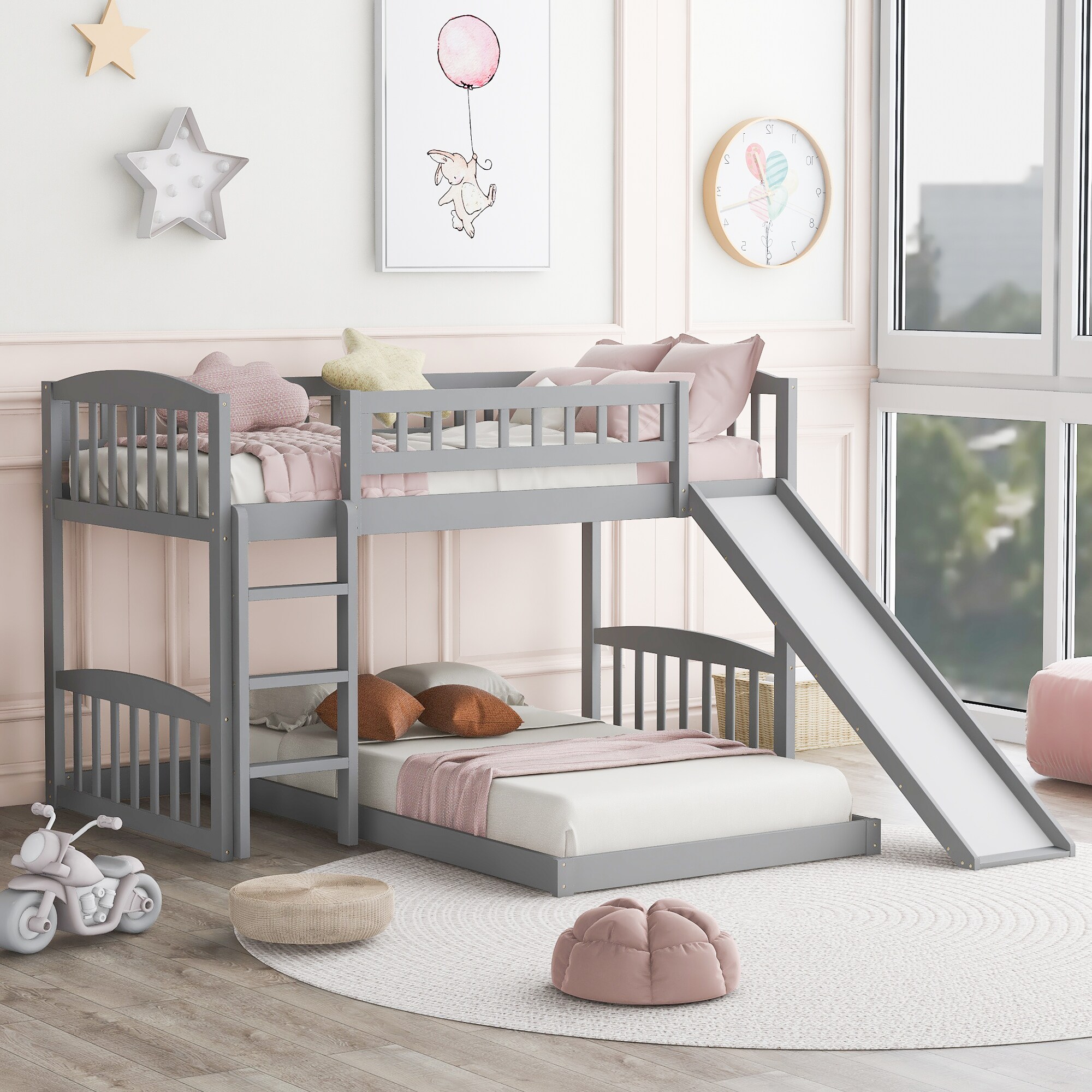 ModernLuxe LT000514AAE Twin Over Twin Bunk Bed with Slide and Ladder Gray