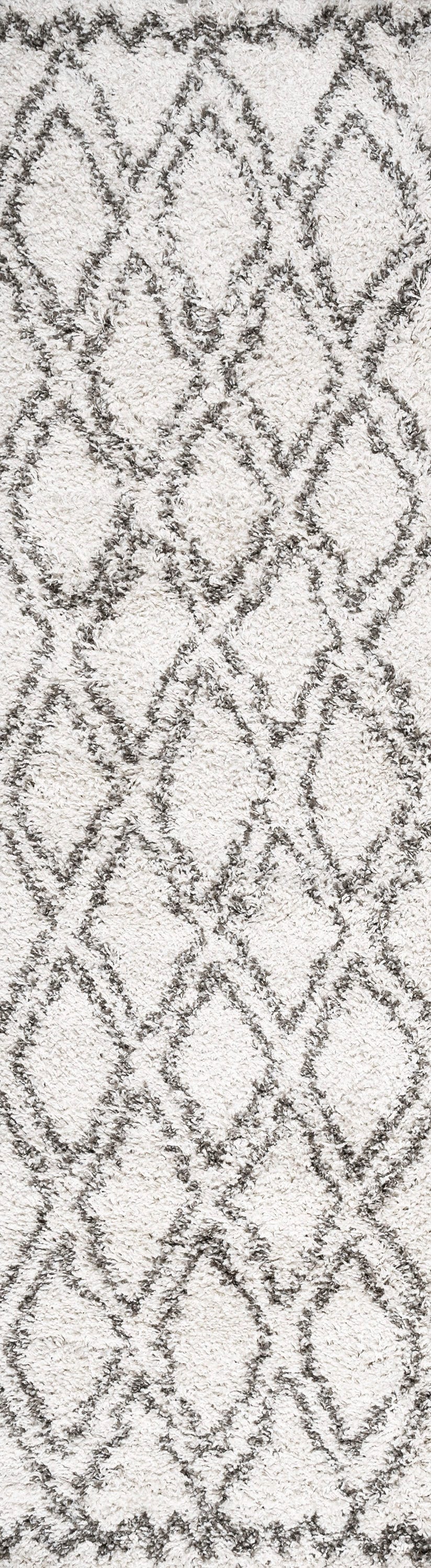 Vintage-Inspired Ivory and Gray Diamond Trellis Shag Runner Rug