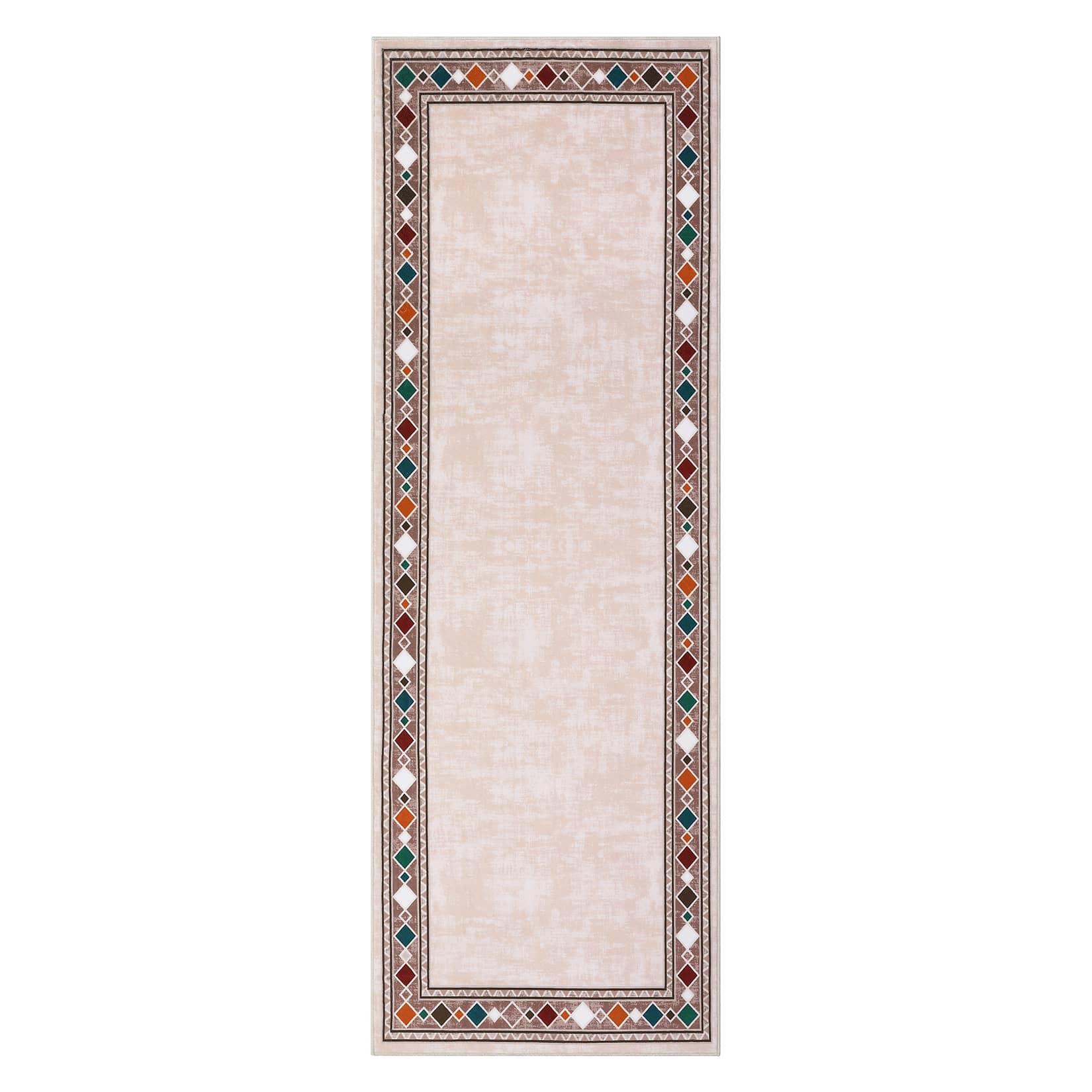 Qeetex SUNNY-PHO-16N7LORL 2 x 6 ft Polyester Beige Rectangular Laundry Bathroom Kitchen Geometric Bordered Modern Machine Washable Runner Rug