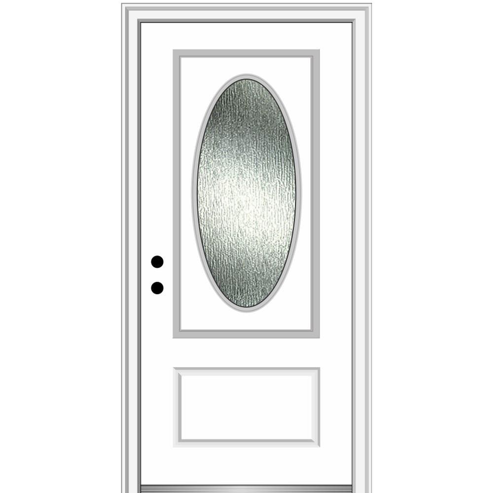 MMI DOOR Rainglass 36-in x 80-in Fiberglass Oval Lite Right-Hand Inswing  Primed Prehung Single Front Door with Brickmould Solid Core in the Front  Doors department at