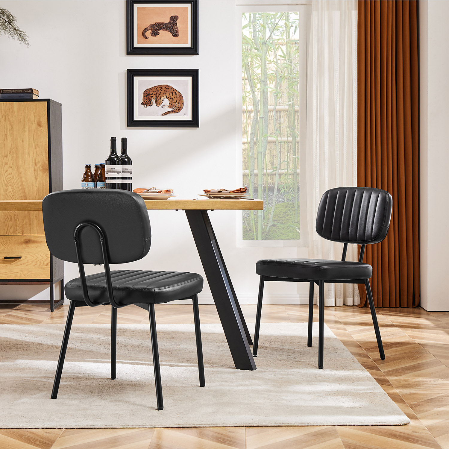 GZMR GZ-W22856 Black Set of 2 Dining Chairs Contemporary/Modern Faux Leather Upholstered Dining Side Chair (Metal Frame)