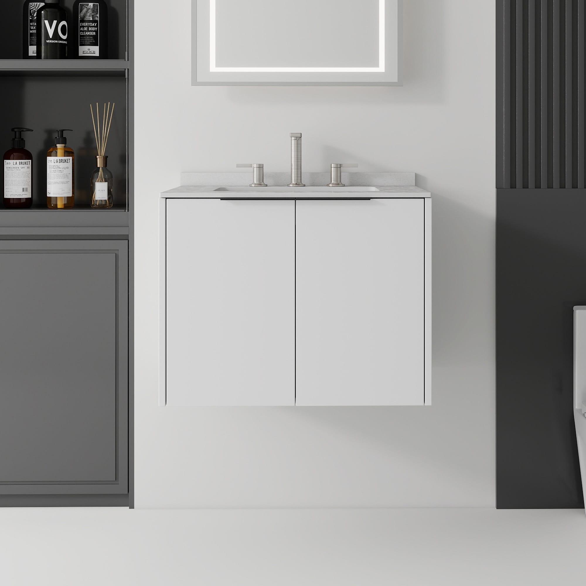 Basdien 24 in White Floating Bathroom Vanity with Granite White Cultured Marble Countertop and Ceramic Sink Soft Close Doors Wall Mounted Plywood Cabinet assembly support moisture resistant dependable use versatile solution tidy hidden storage