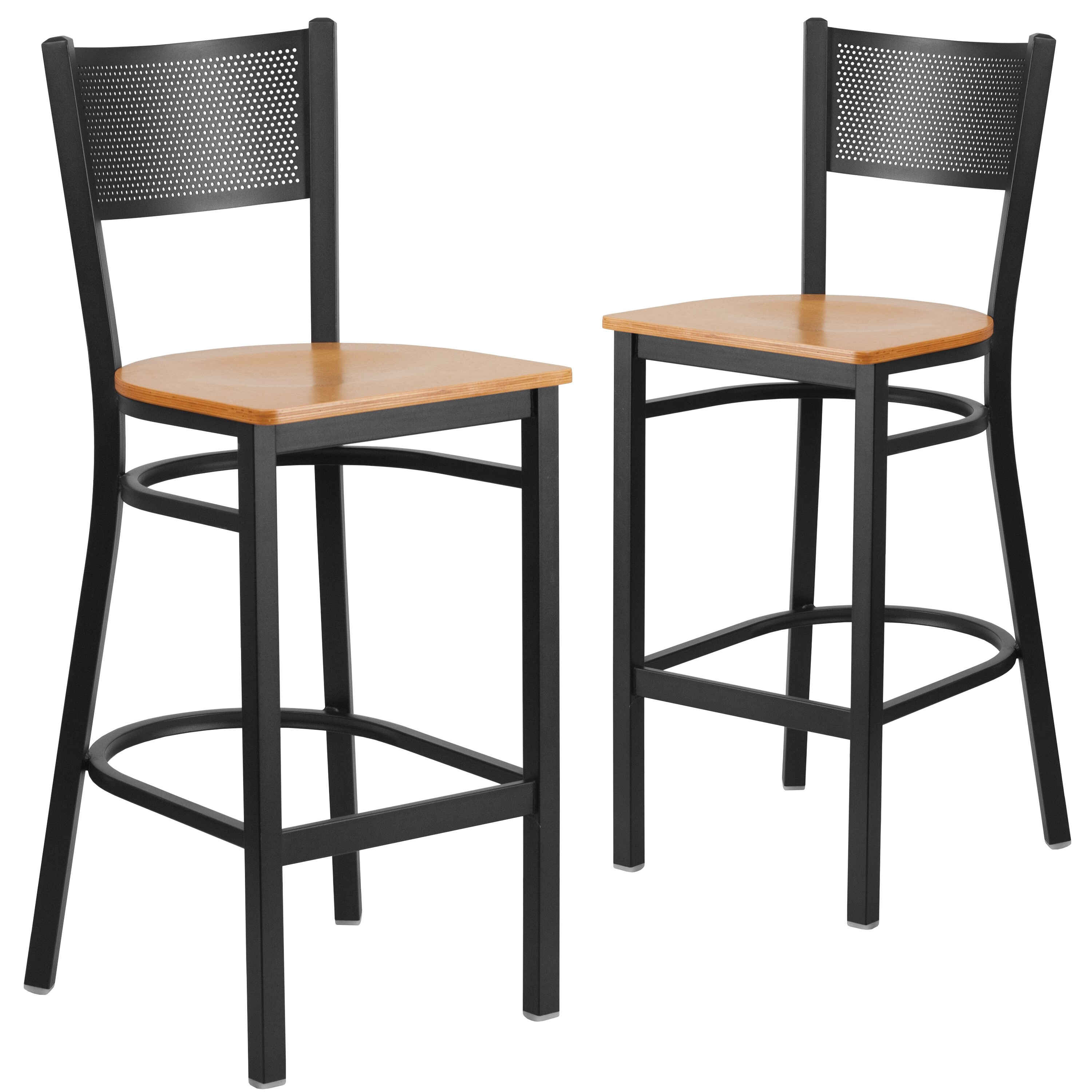 Flash Furniture 889142046578 2 Pk. HERCULES Series Black Grid Back Metal Restaurant Barstool - Natural Wood Seat