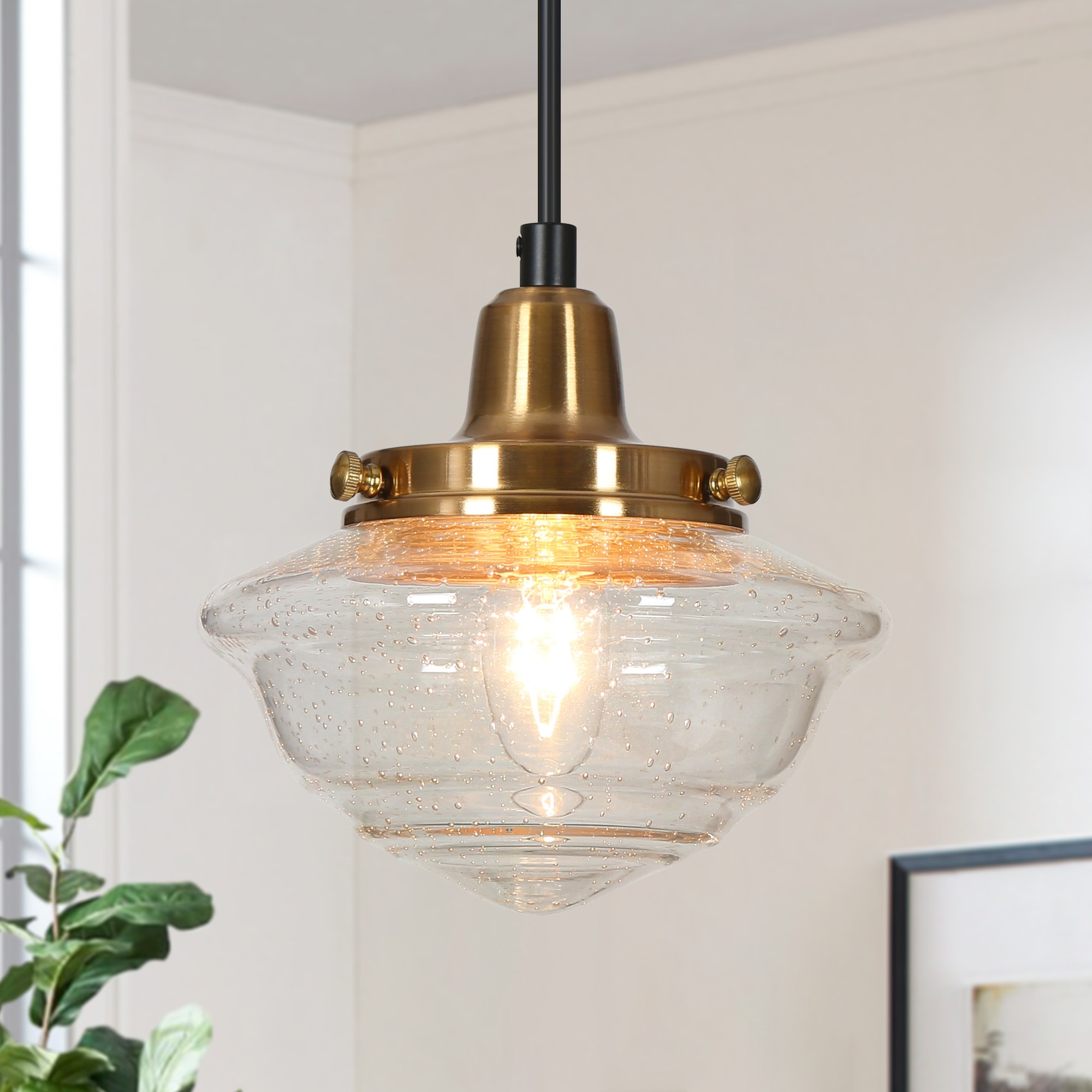 ZEVNI L3636BJAW850PSY8 Derron 1 -Light Polished Brass/Matte Black Transitional Textured glass Schoolhouse Mini Hanging Pendant light