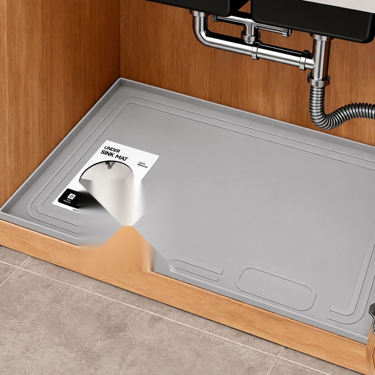 Linder Group Inc 1 Inch Raised Under Sink Mat 22 by 19 Inch Waterproof Silicone Liner Tray for Kitchen Bathroom Cabinet Shelf Protector Light Grey
