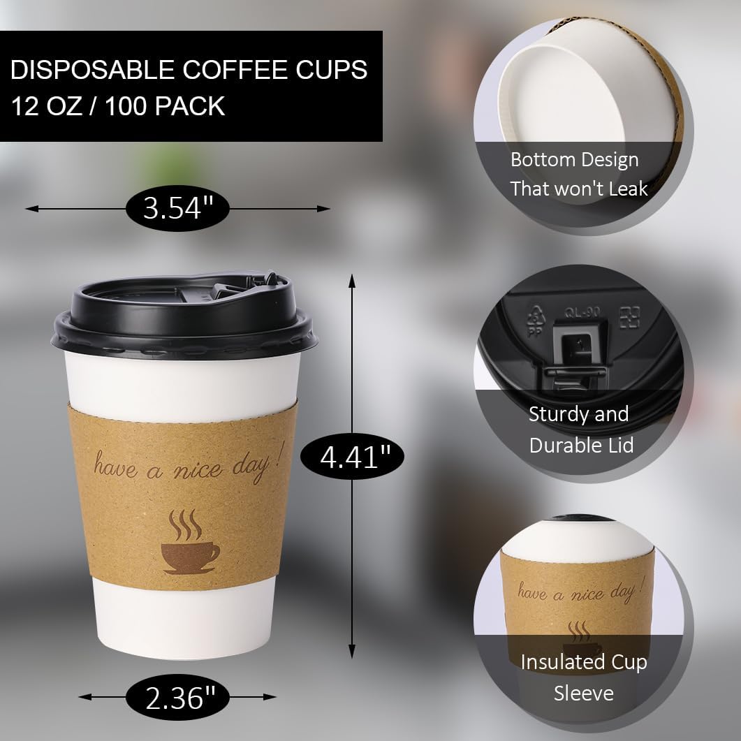 Aoibox 100 Pack 12 oz Thickened Disposable Coffee Cups with Lids ...