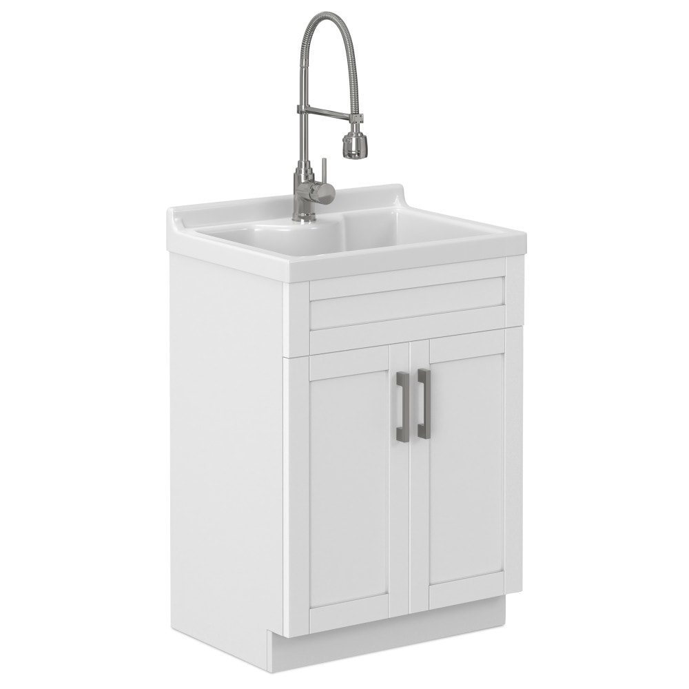 Simpli Home Corbett 24-in x 20.5-in 1 -Basin Pure White Freestanding Laundry sink with Cabinet with Drain with Faucet