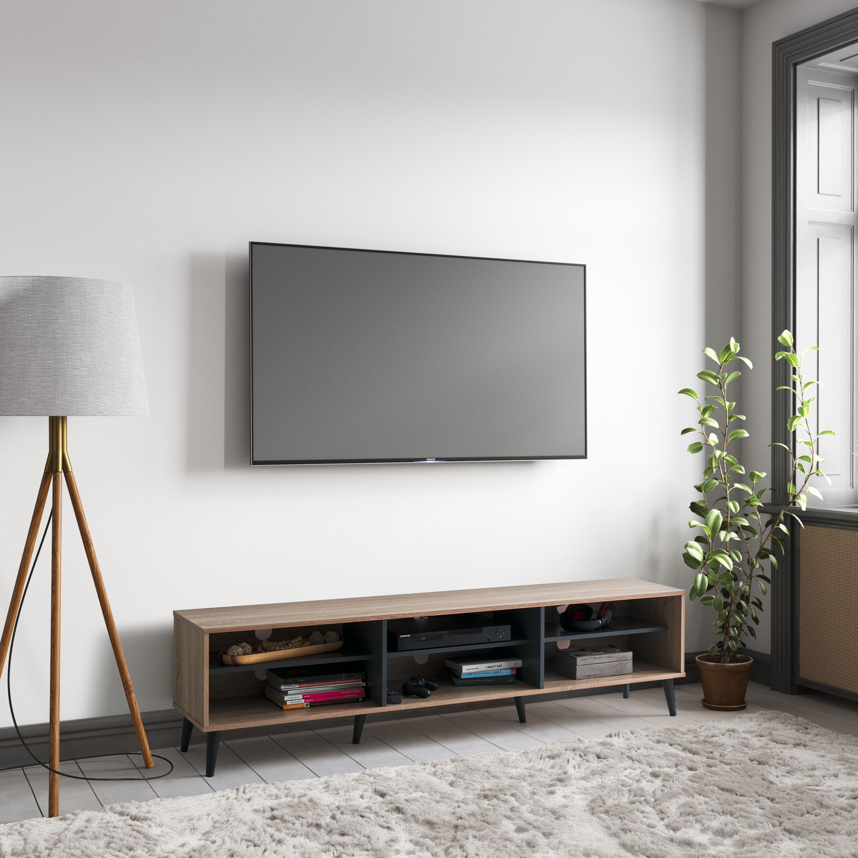 CorLiving Cole Light Woodgrain And Gray TV Stand With Open Shelves For ...