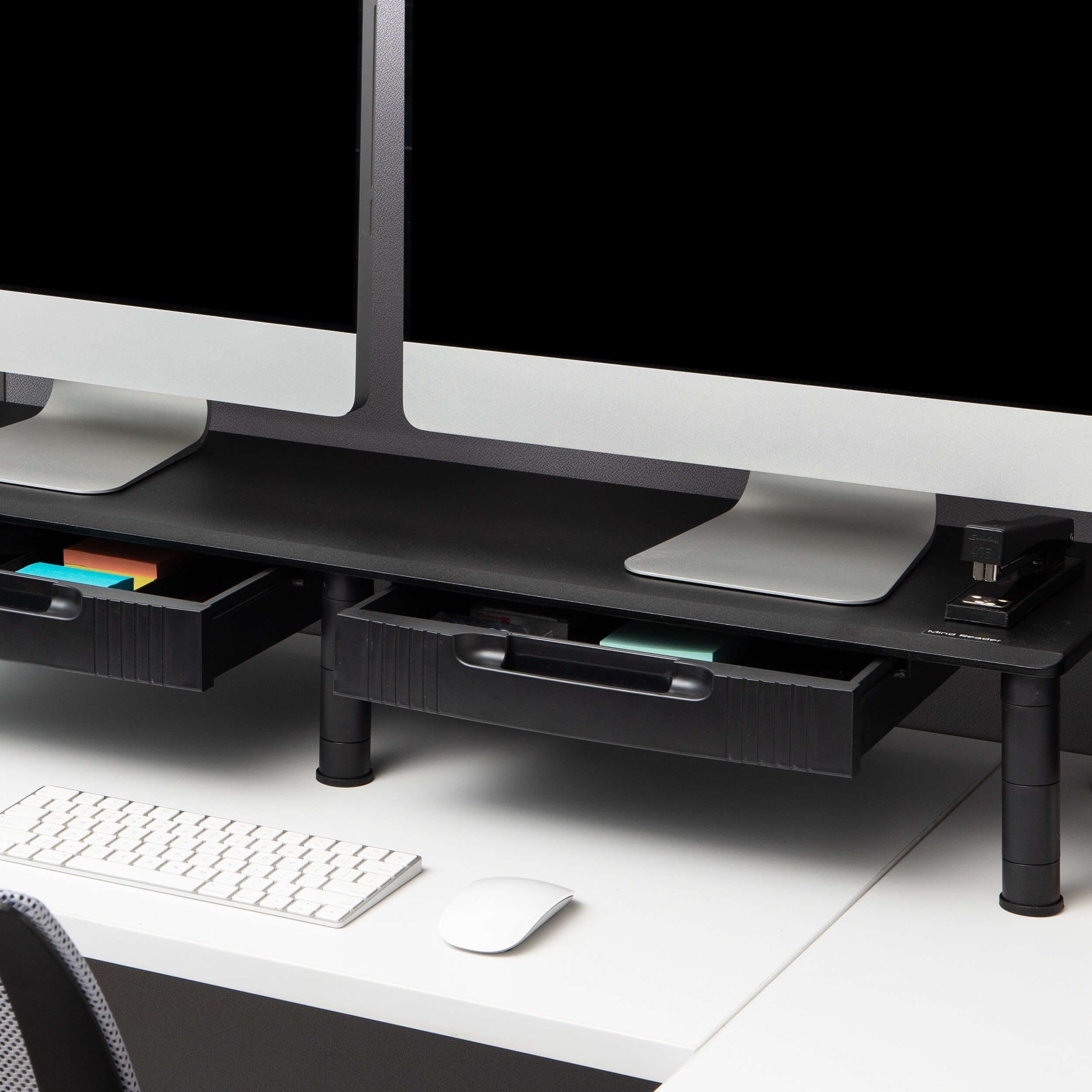 Black MDF Adjustable Dual Monitor Stand with Storage Drawers