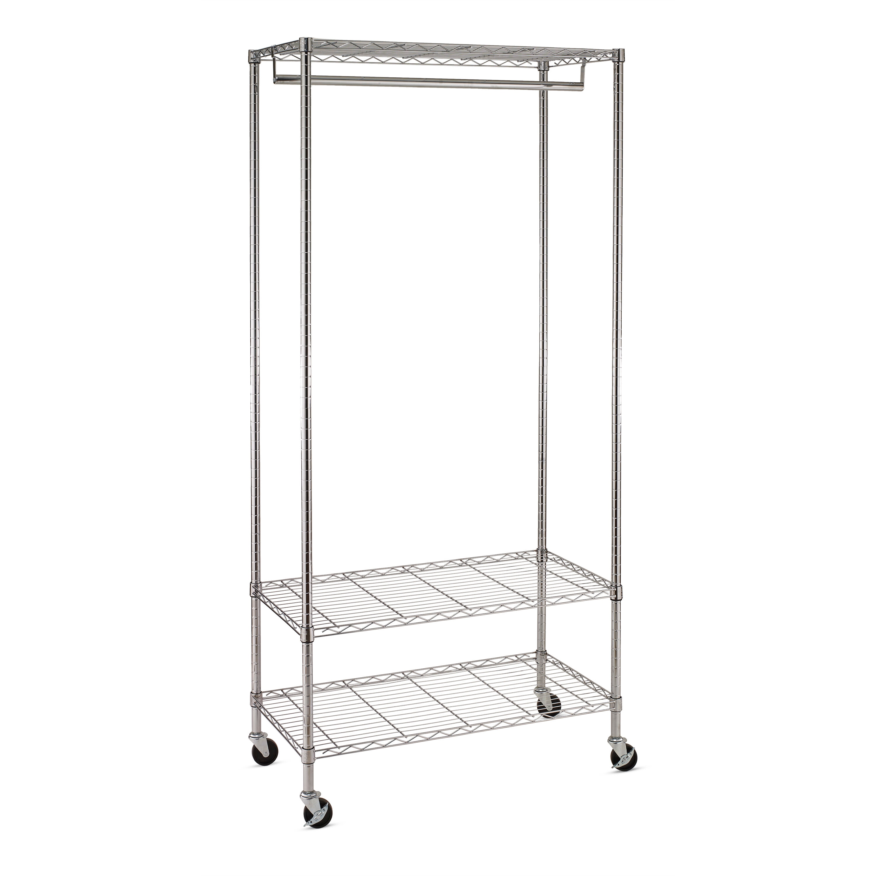 Chrome Steel 3-Shelf Rolling Garment Rack with Hanging Bar