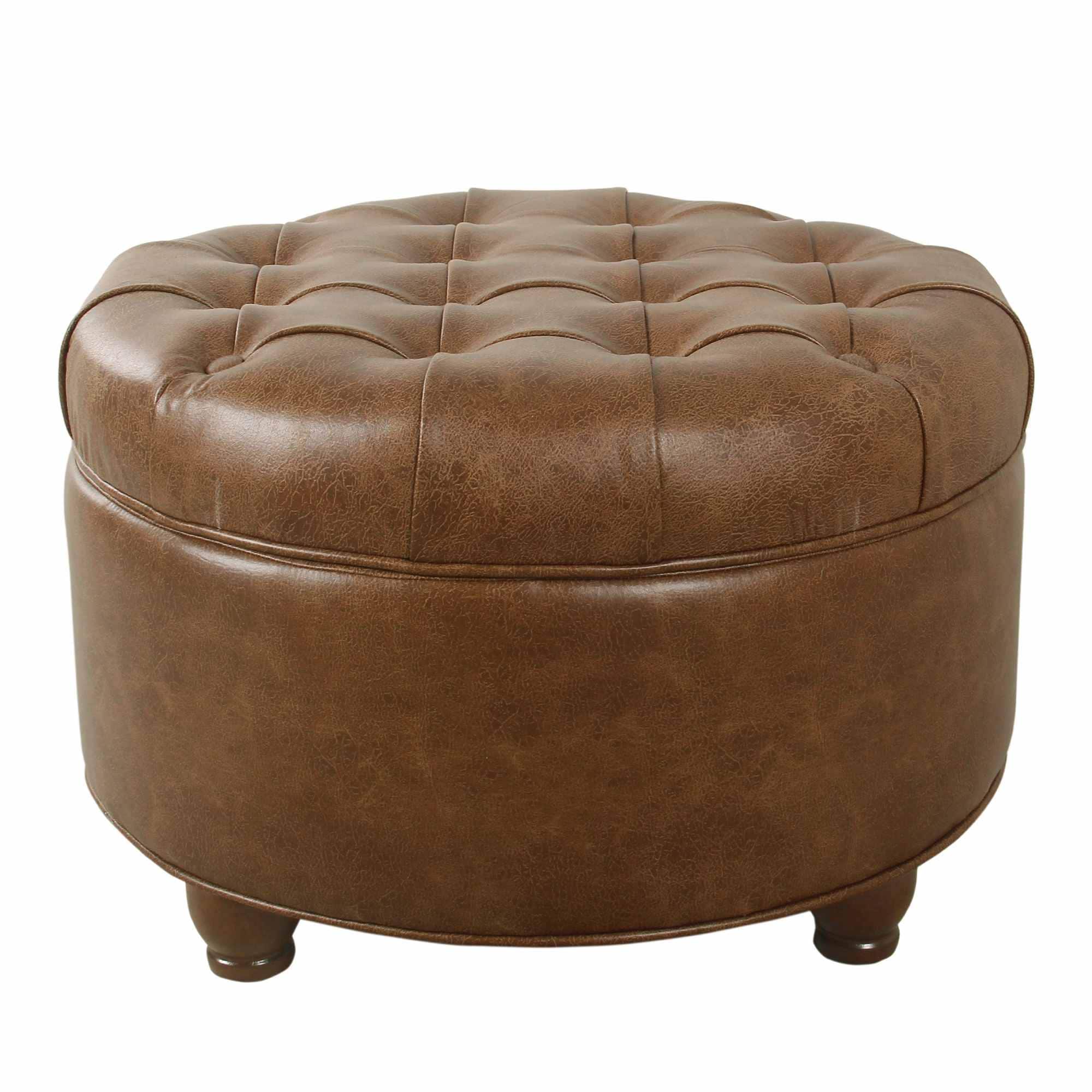 JPJPUU - 25 Inch Round Brown Tray Top Brown Faux Leather Accent Storage Ottoman