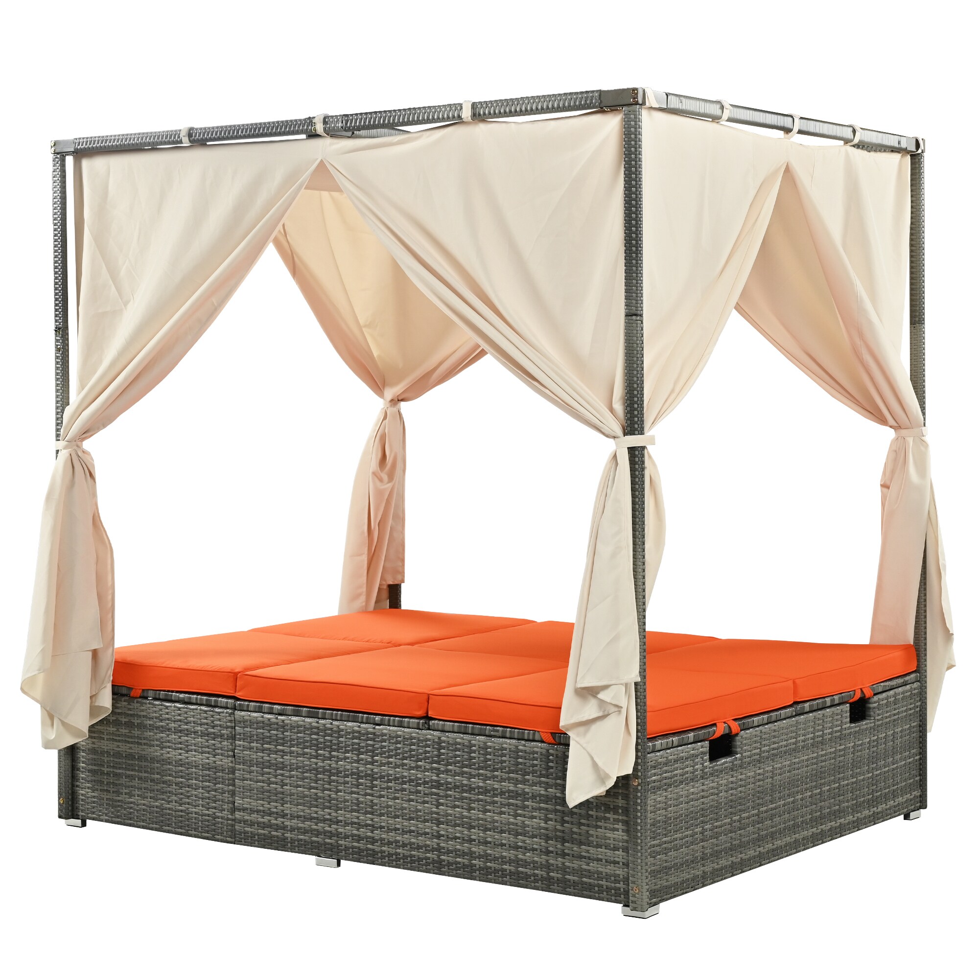 ModernLuxe L-WY000312AAO Adjustable Sun Bed With Curtain,High Comfort Outdoor Daybed with Orange Cushions and HDPE Frame