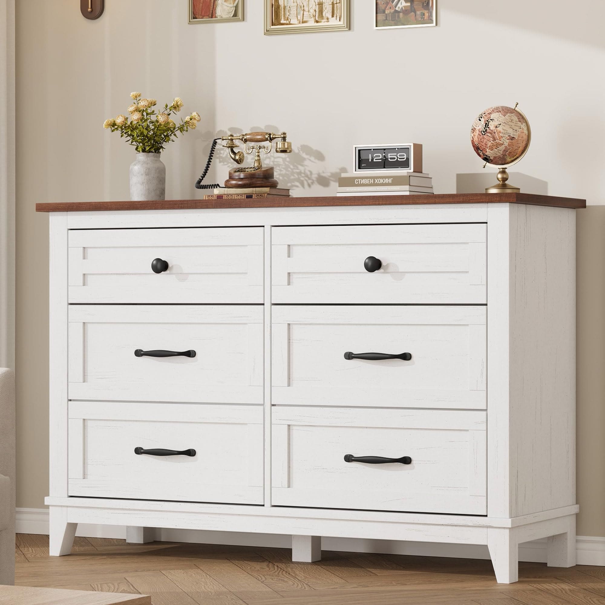 white dresser brown drawers Garvee 6 Drawer for Bedroom 47 Inch Freestanding Storage Chest for Bedroom Entryway Living Room COLOR:Neutral Multi
