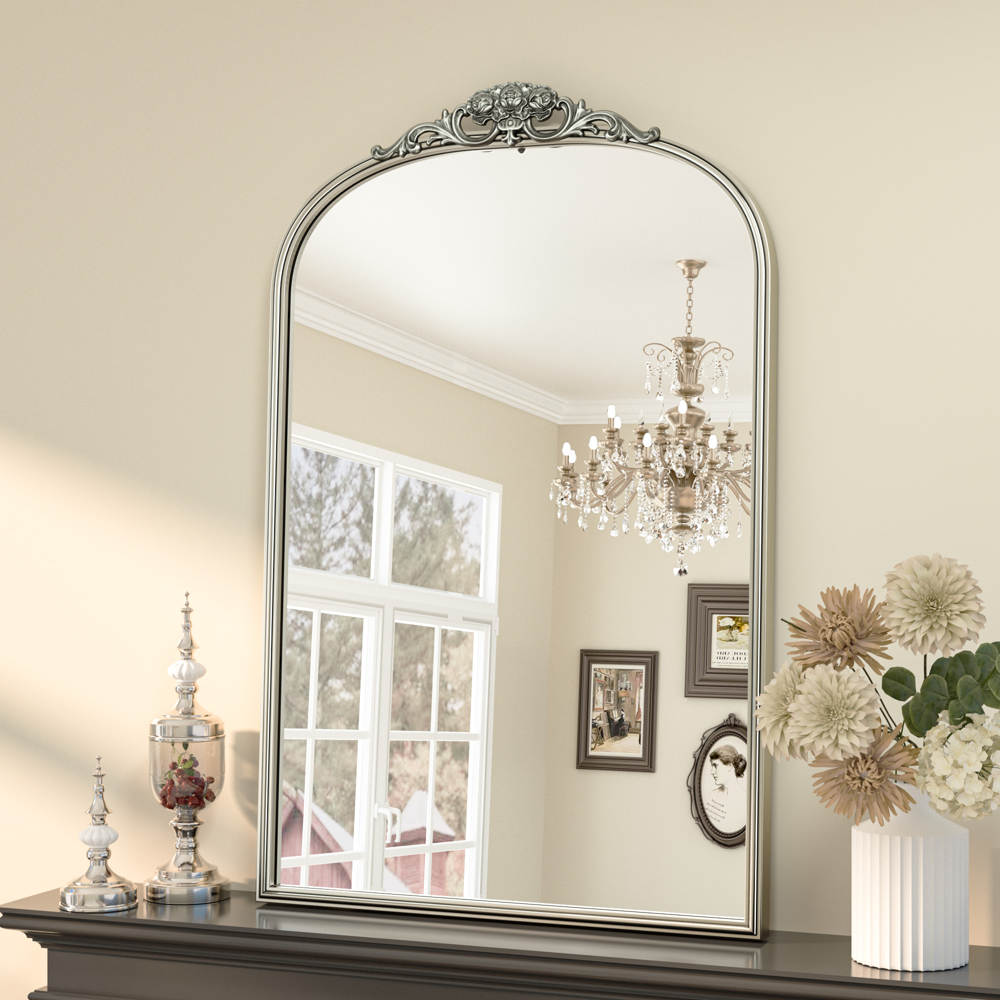 Keonjinn LW-JZ-CXFD-6091-SI Decorative Mirror 24-in W x 36-in H Rectangle Distressed Silver Framed Wall Mirror