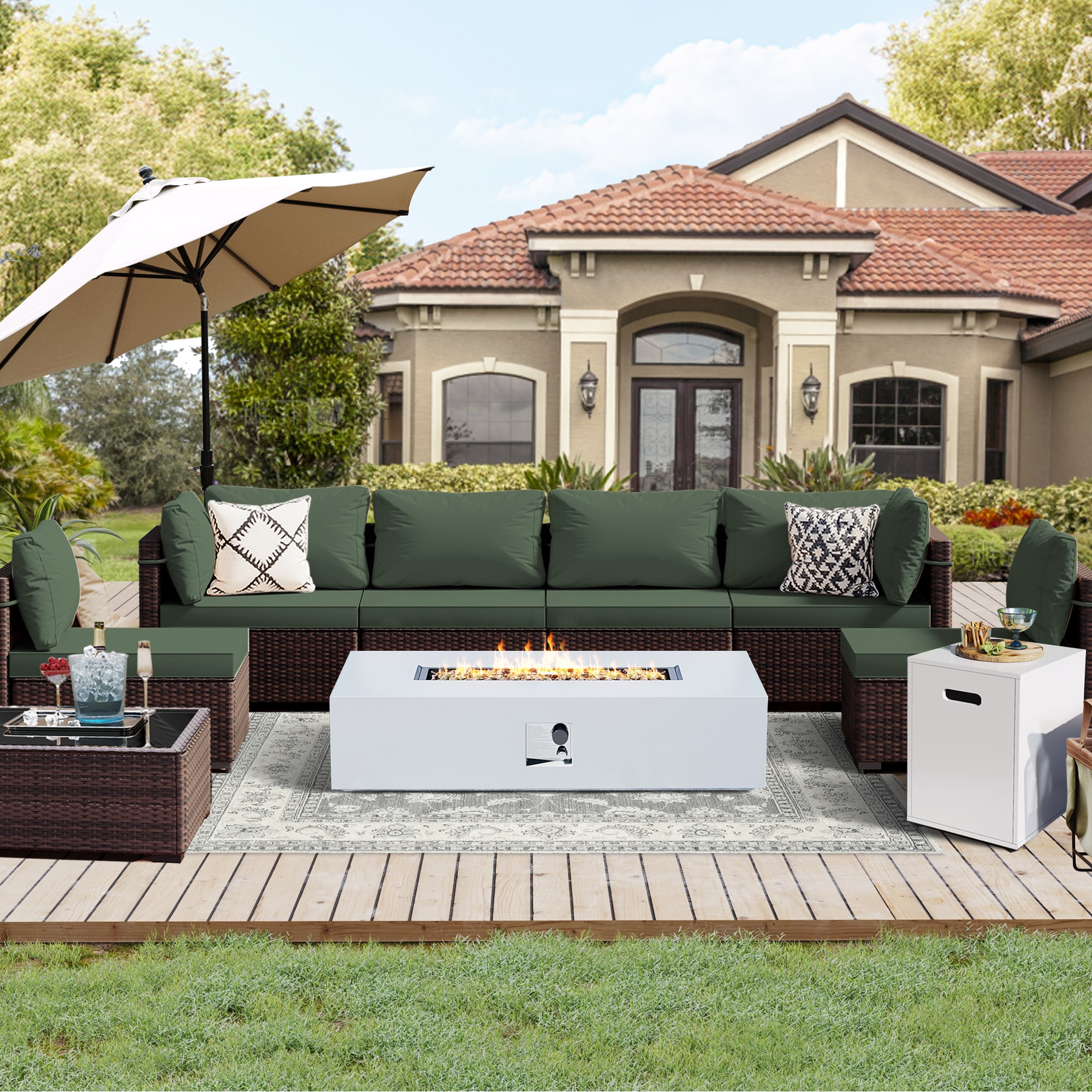 UPHA PL-2CZ-56TPWH-Z2 Brown Wicker Patio Furniture Set with 56in fire pit 9 -Piece Wicker 2 Patio Sofa Conversation Set with Green Cushions