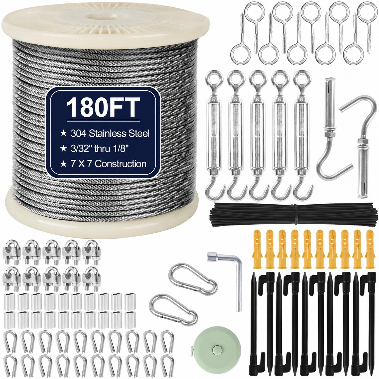 Misopily  Wire Rope Kit 180FT Stainless Steel Vinyl Coated 7x7 Strand Core with Turnbuckles Thimbles Clamps Eye Screws for Garden String Light
