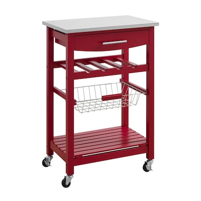 Linon Red Wood Base With Stainless, Stainless Steel Rolling Kitchen Island