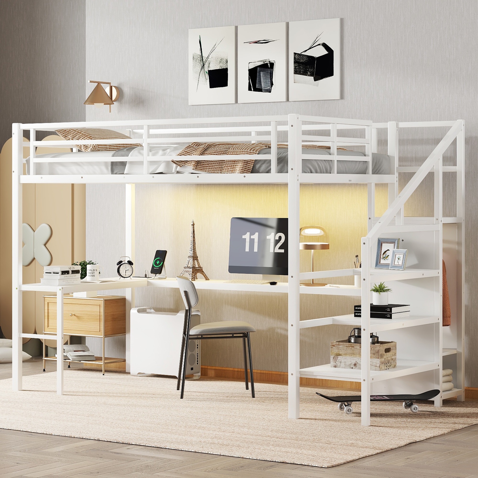 LUXEYARD Twin XL Size Loft Bed with L shaped Desk and USB Metal Loft Bed with Wardrobe and Adjustable Shelf High Loft Bed with LED for Kids Teens Adults White