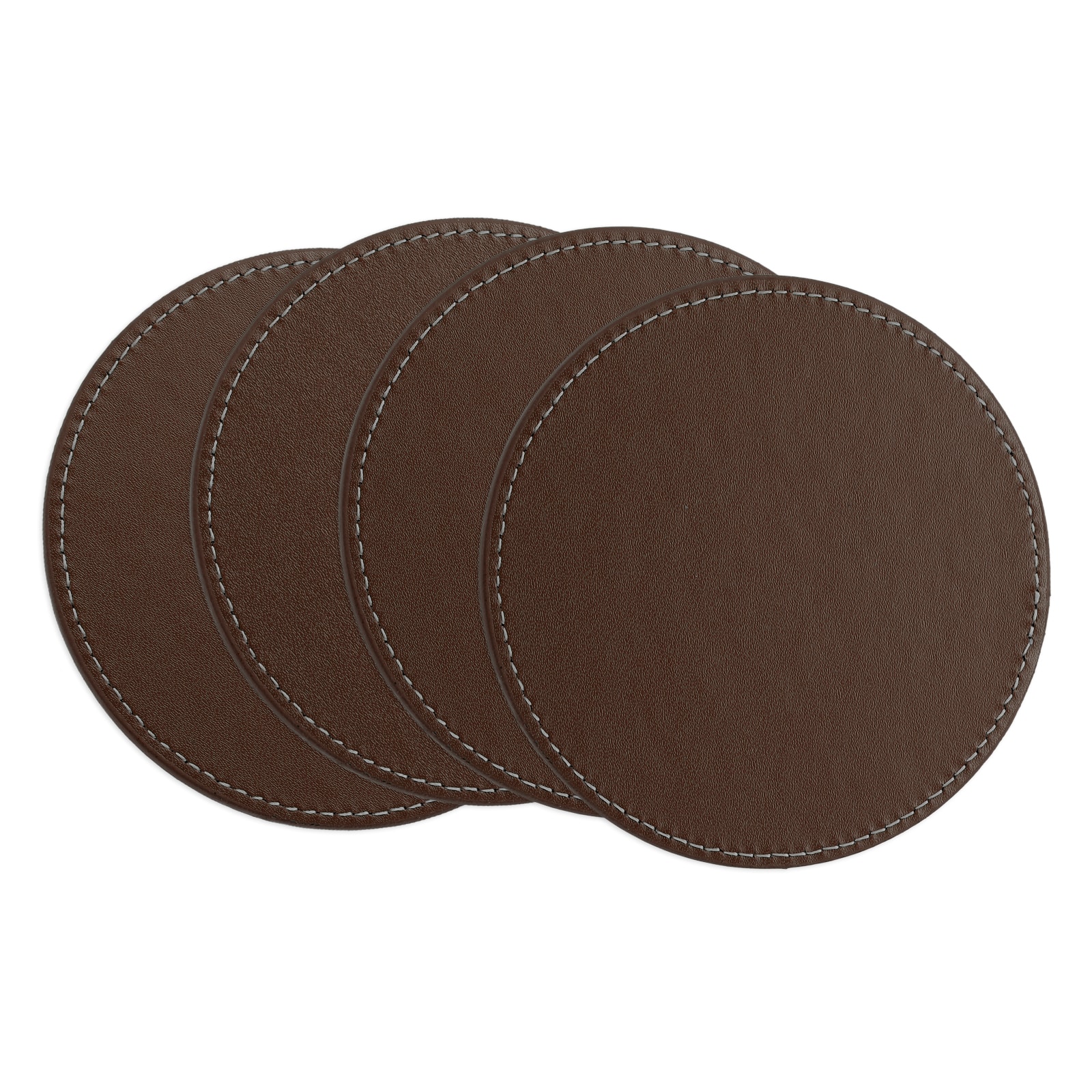 Unique Bargains Round Drink Coasters Set of 4 White Stitched Dual Sided Non-Slip Non-Stick Waterproof Leather Coasters for Drinks Coffee Table Housewarming Gifts Home Decor 4inch x 4inch Brown #S26042400UX5793