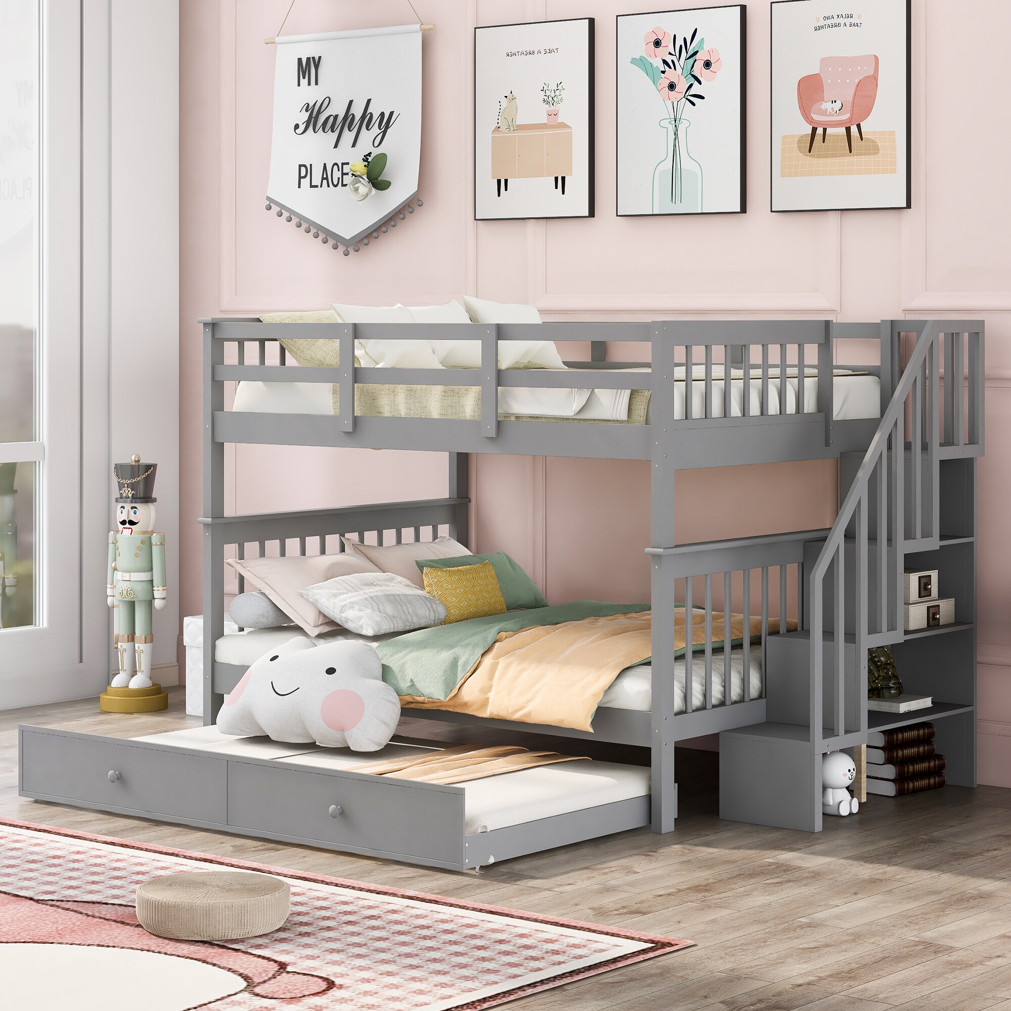 Clihome Twin Over Twin Bunk Bed Gray Twin Over Twin Bunk Bed in the ...