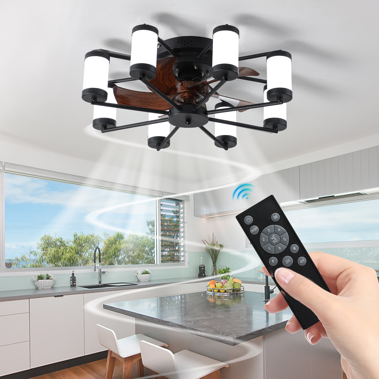 Zitrend 22-in Black and White Low Profile Ceiling Fan With Light LED Fandelier with Woodgrain Blades Dimmable Light App Control and Remote Control Included