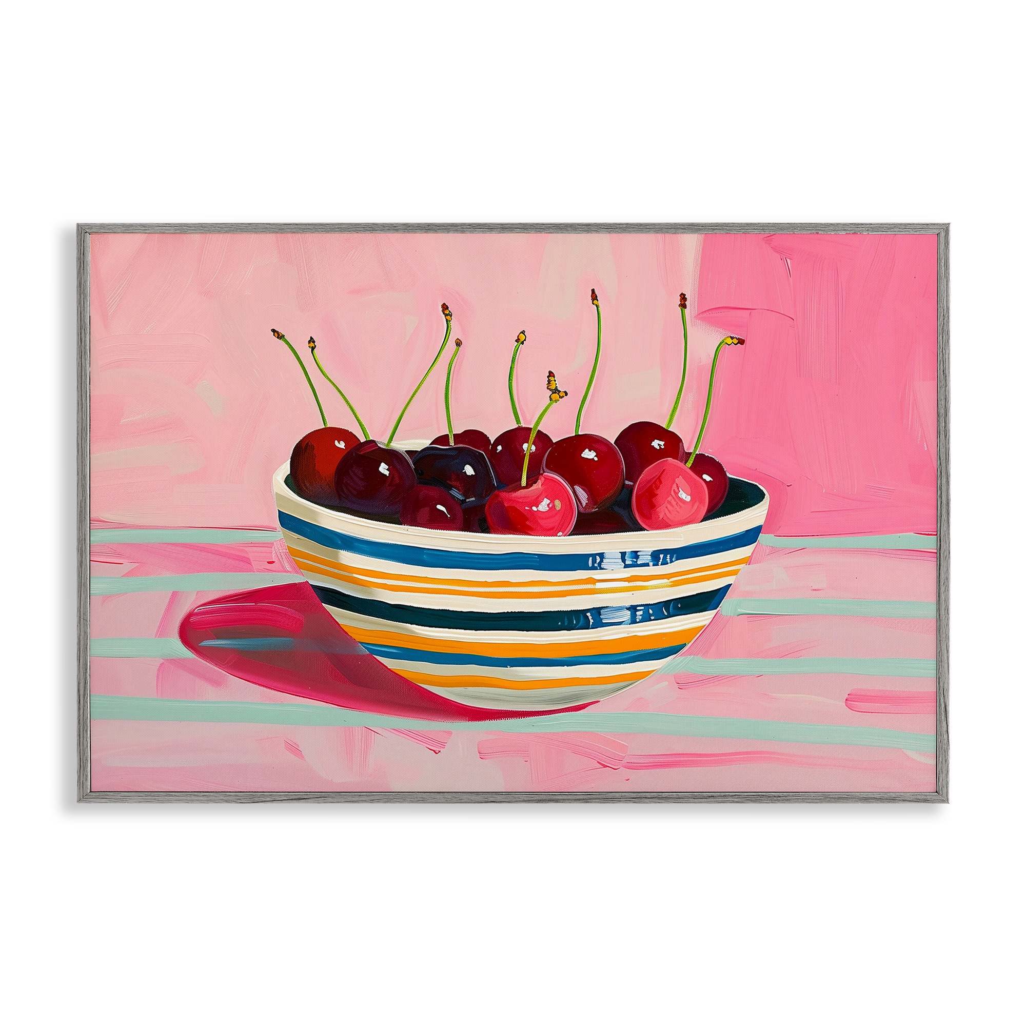 Stupell Industries BT-919-GFF-16X24 Bowl of Cherries on Pink Gray Framed Giclee Art By Arlington Prints 24 x 16