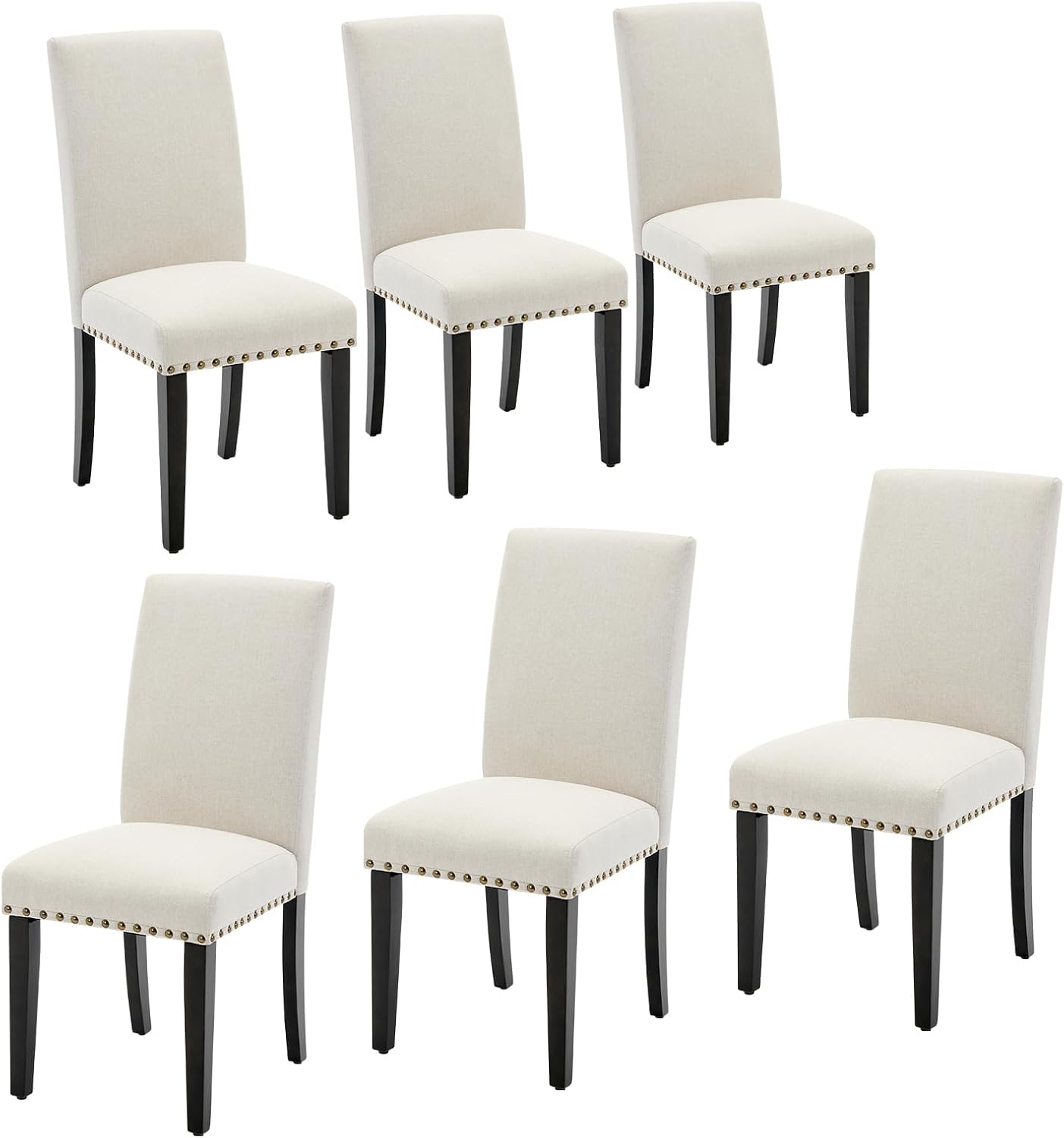 Qeetex LHF-CY-7BL17 Dining Chairs Set of - Modern Fabric Upholstered Ergonomic Chairs with Curved Backrest - Heavy-Duty Wood Legs for Dining Room Kitchen Home - Weight Capacity 265lbs - Easy Clean Fabric (Beige Nailhead 6PCS)