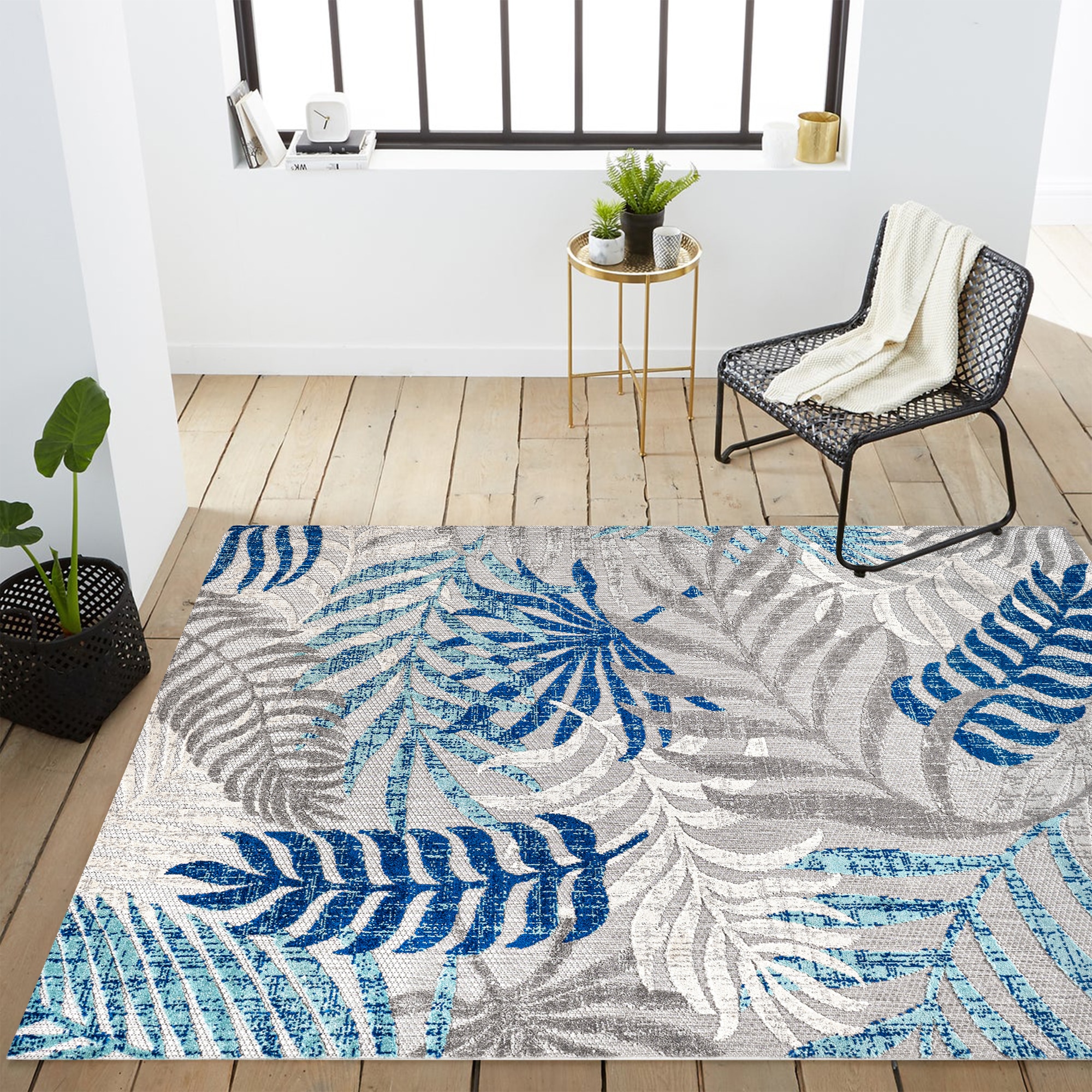 Gray and Blue Synthetic Palm Leaves 3' x 5' Area Rug