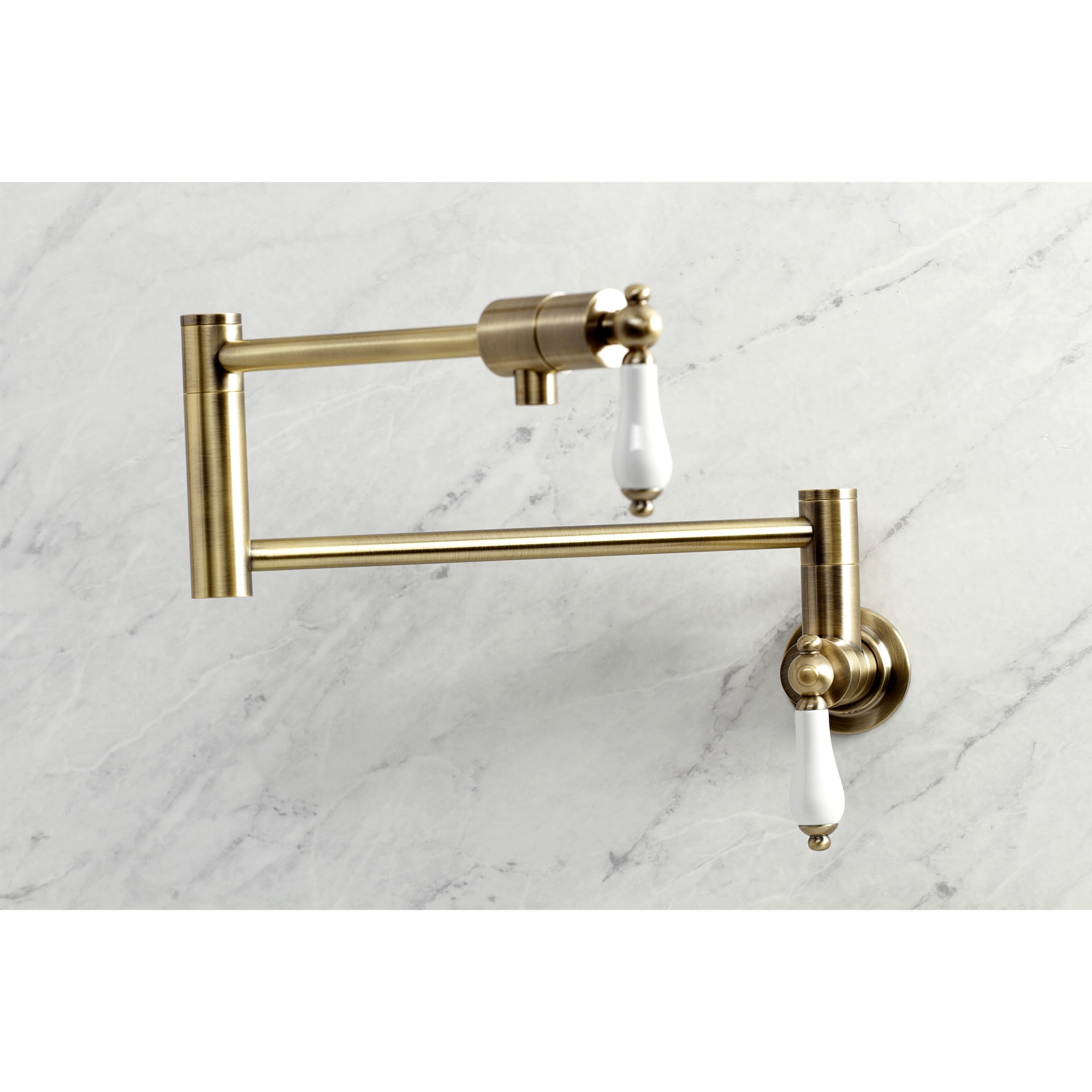 Kingston Brass WLKS4103PL Metropolitan Antique brass Double Handle Wall-mount Pot Filler Kitchen Faucet with Sprayer