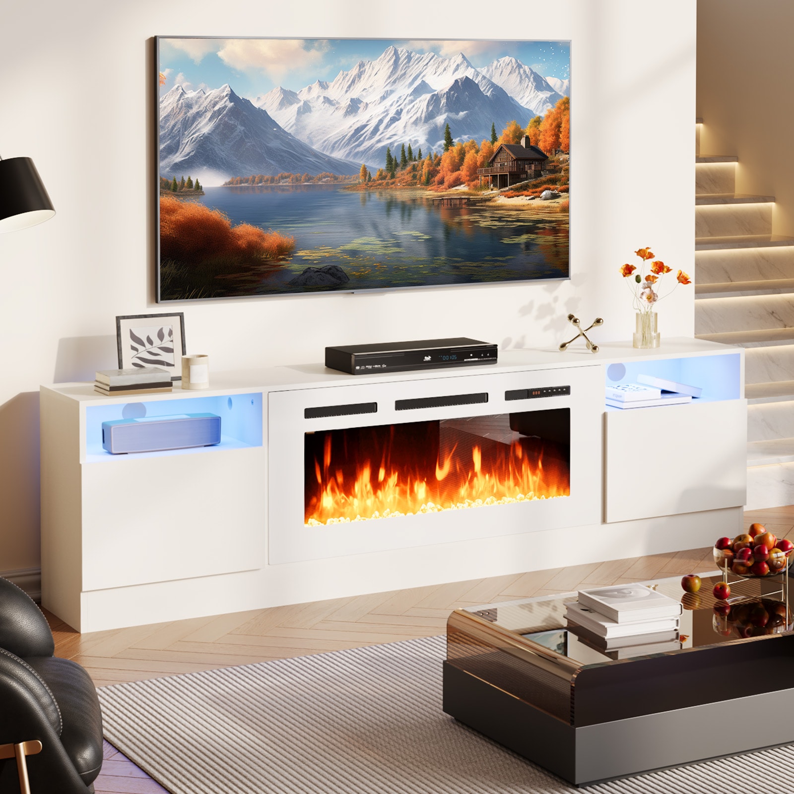 Bapipro TE14A70W 70-in W White TV Stand with Infrared quartz Flat wall Electric Fireplace with Remote Control Included