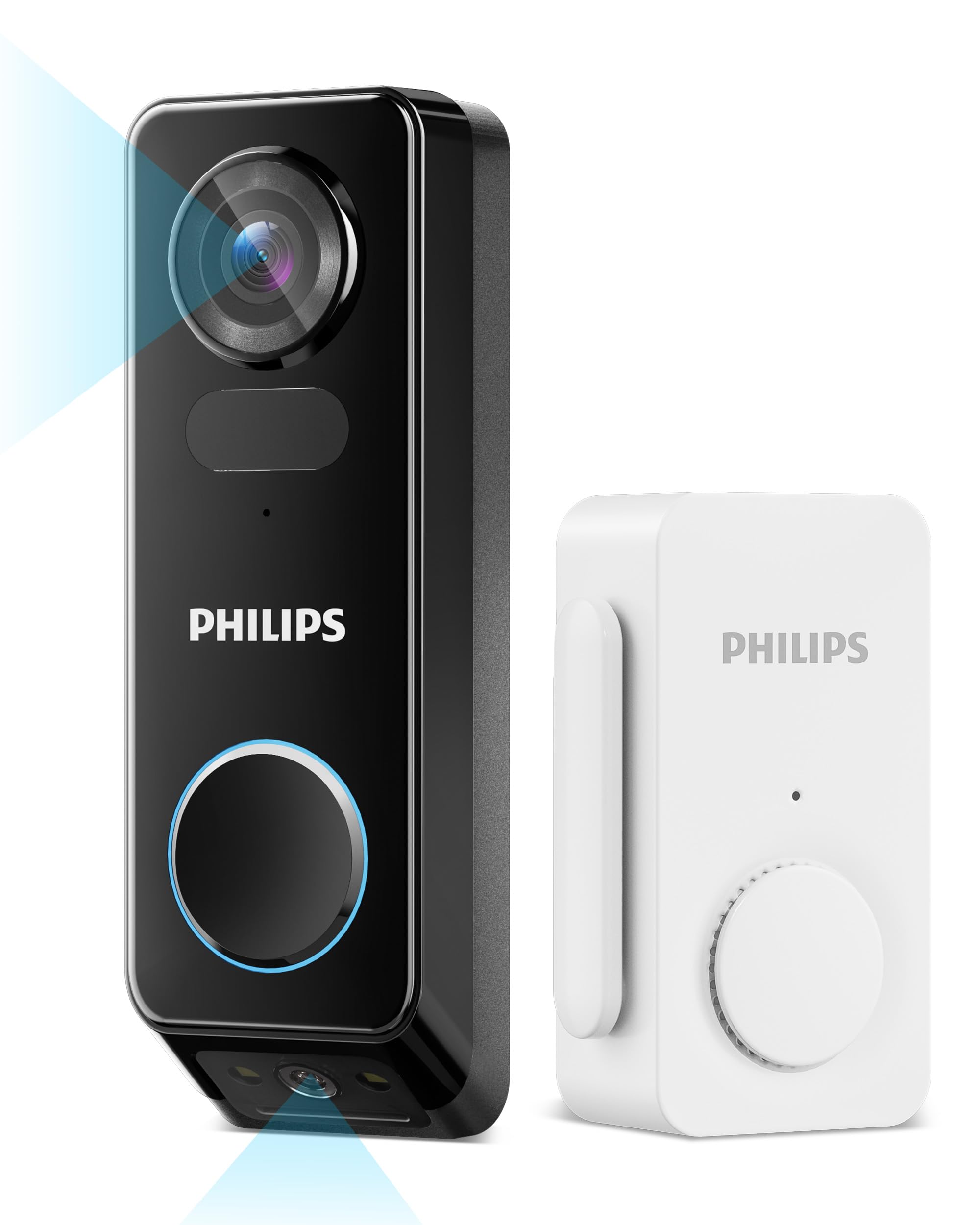 Philips Security Video Doorbell Camera (Chime Included) No Monthly Fee Dual Cameras 2K QHD with Motion Detection 2-Way Audio Supports Alexa Google Assistant Battery/Wired Powered #DIB-BJ-207000QTY-1-S