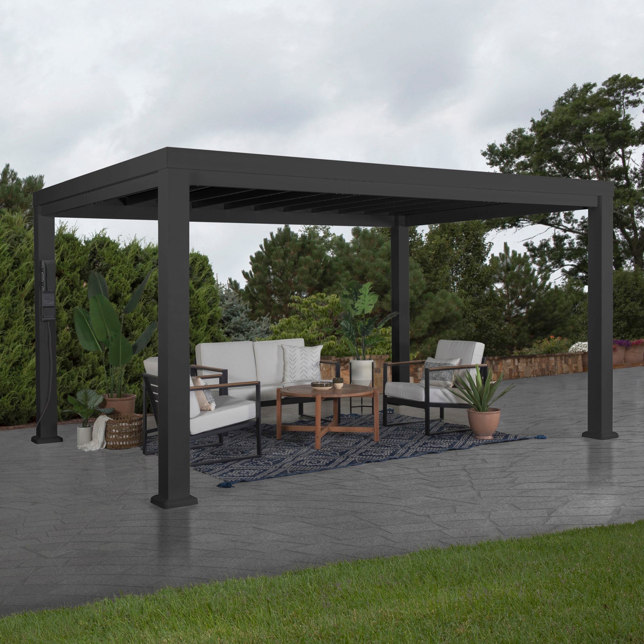 Backyard Discovery Trenton 10-ft W x 14-ft L x 7-ft 6-in H Black Metal Freestanding Pergola with Canopy #2105126COM