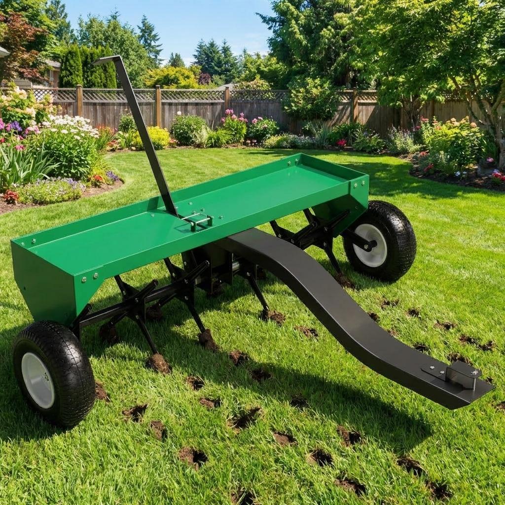 40 Inch Tow Behind Lawn Plug Aerator Universal Hitch Galvanized Steel
