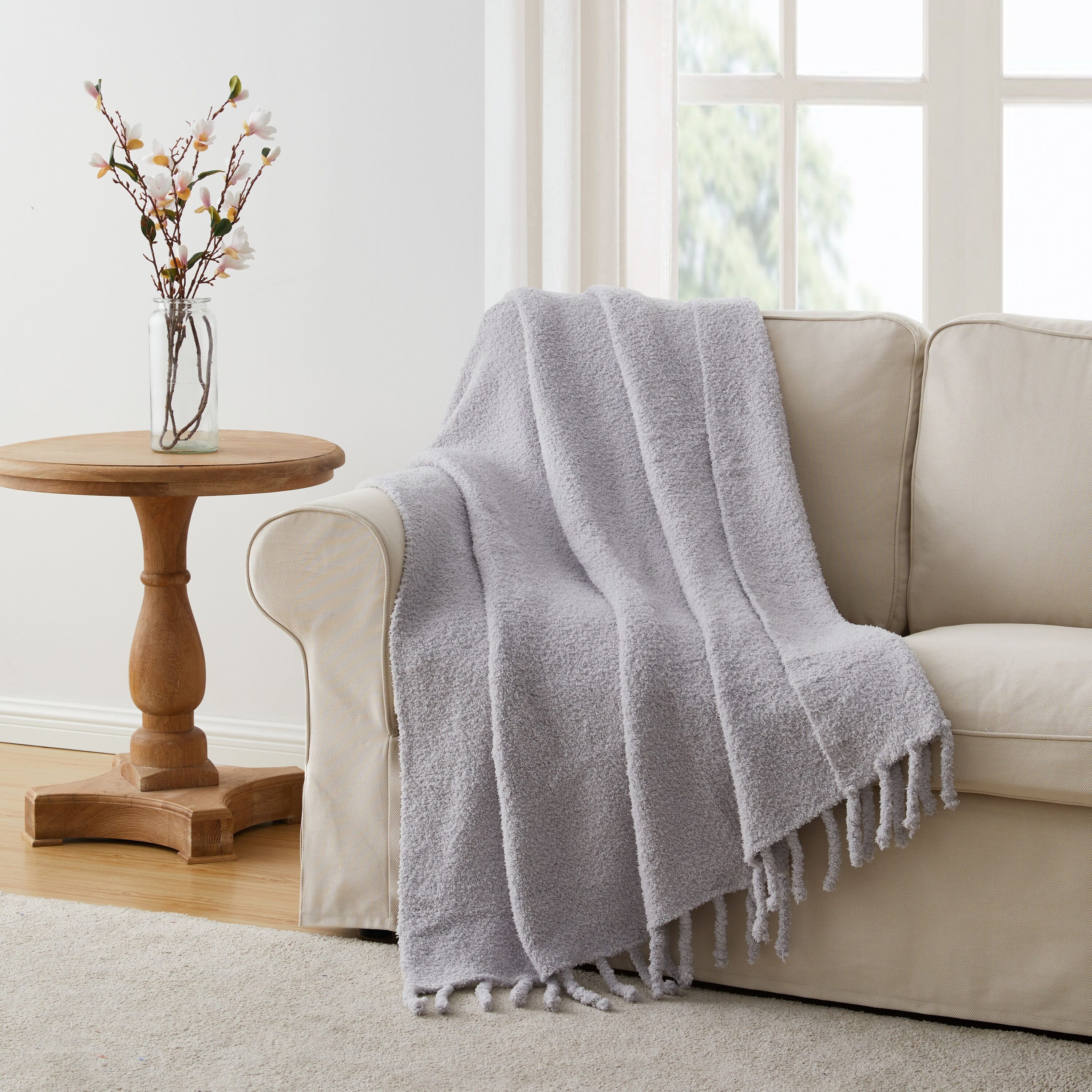 KATE AURORA Ultra Soft and Plush Miranda Gray Fringed Accent Throw Blanket 50 in W x 60 in L