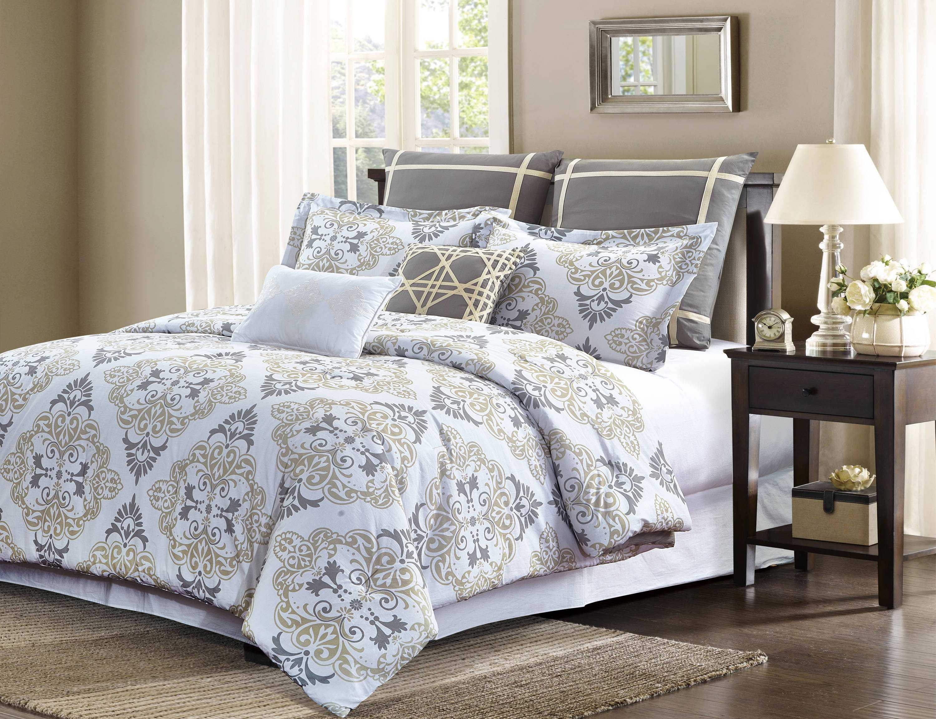 Style Quarters 7-Piece Gray and Taupe Damask Print King Comforter