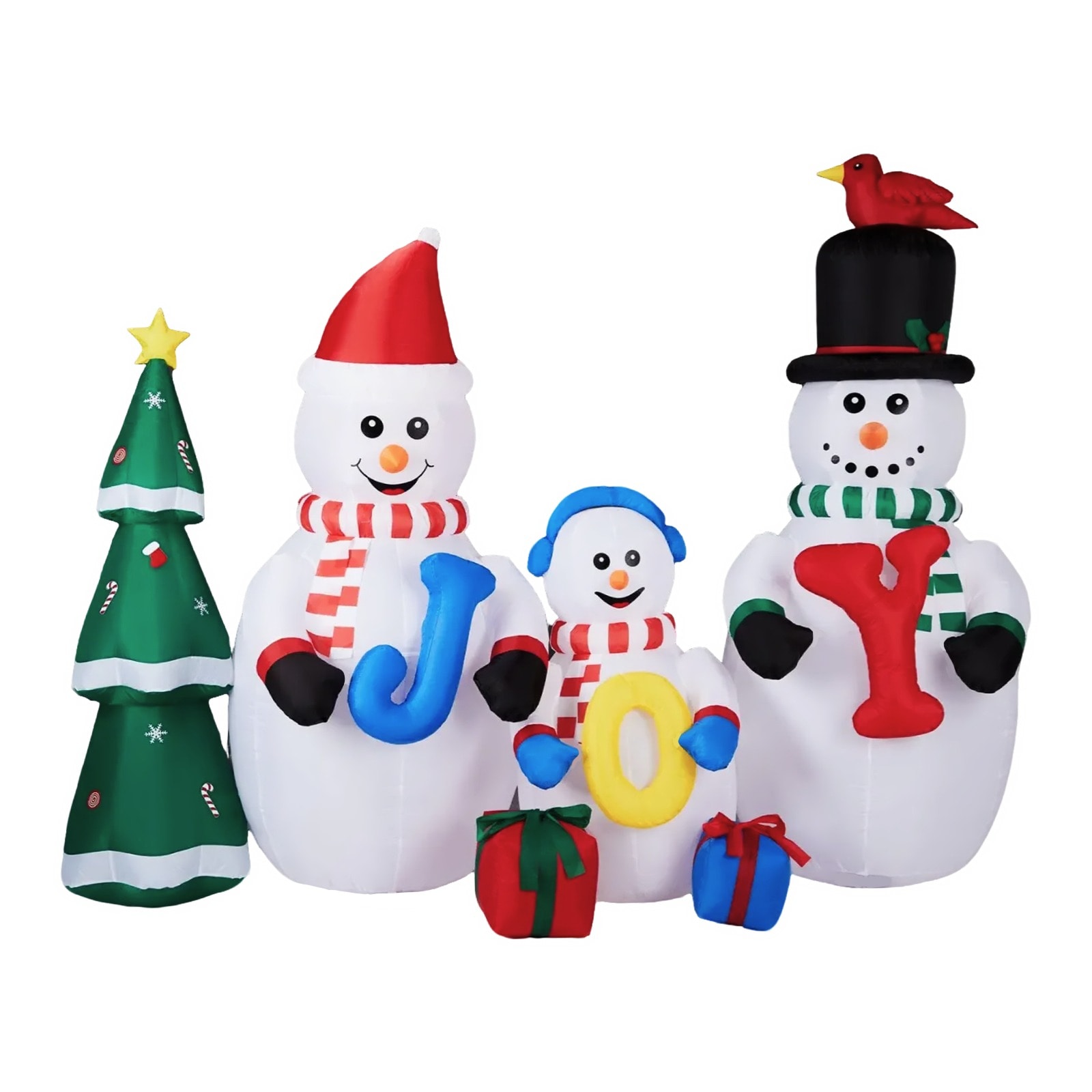Bestcore 6.2-ft H x 7.9-ft L Lighted Snowman Family JOY Letters and Christmas Tree Christmas Inflatable with 8 Built-in LED Lights Stakes and Ropes